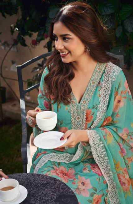 turquoise blue floral masleen unstiched salwar suit