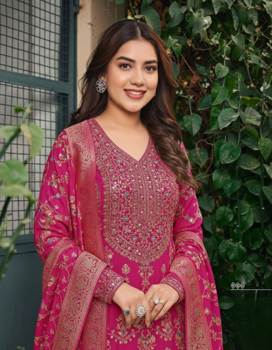 pink subtle sequins silk unstitched salwar suit