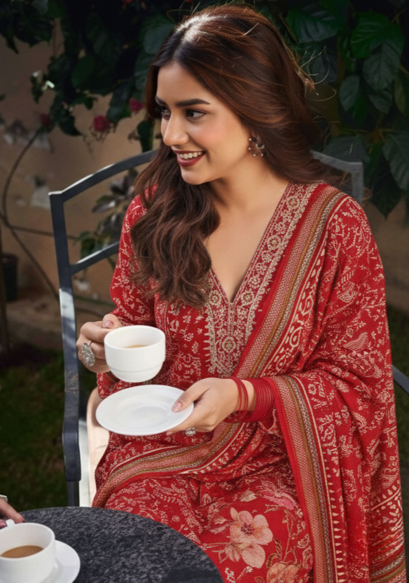 bright pink geometric bandhani banarasi silk unstiched salwar suit