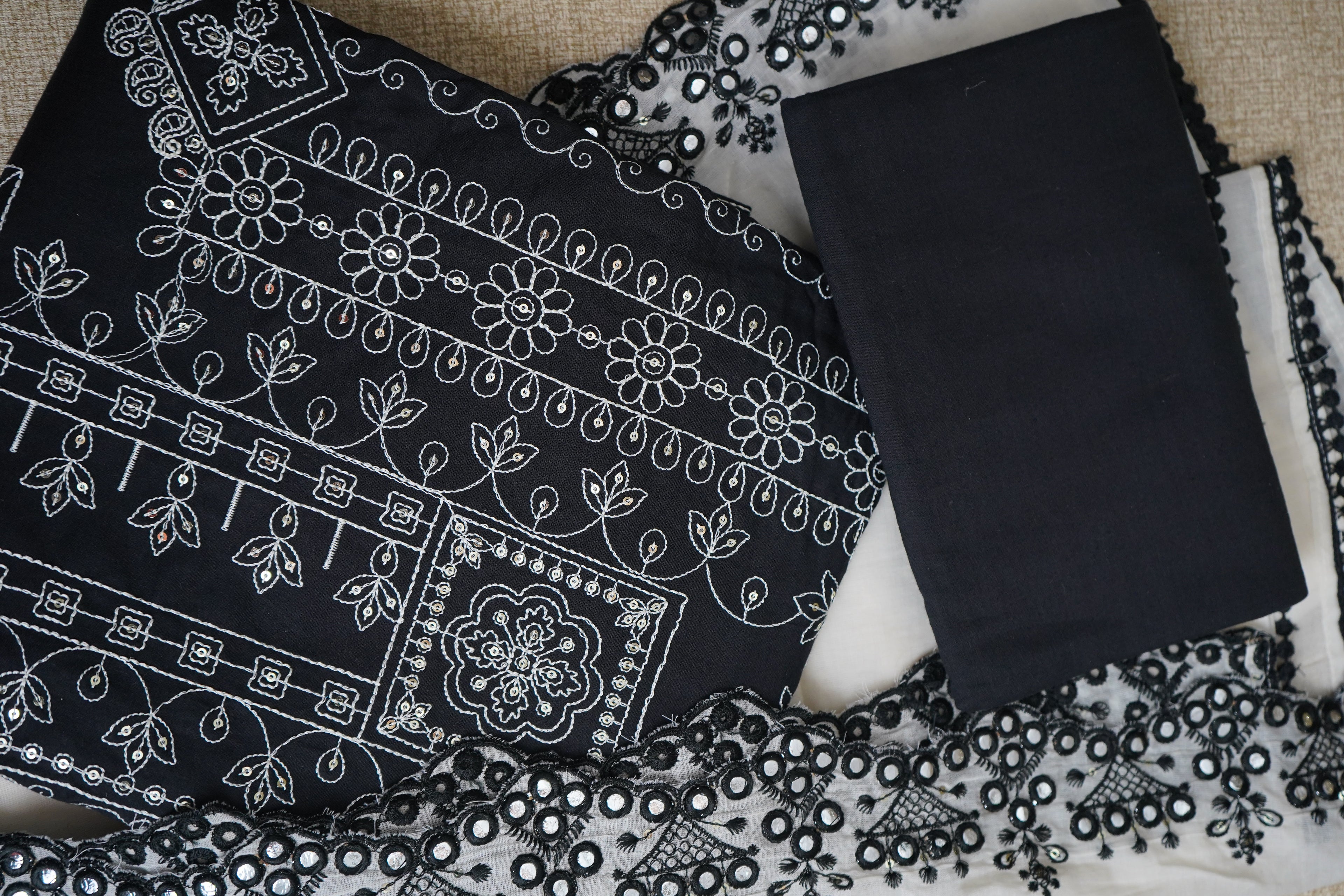 black threadwork cotton unstitched salwar