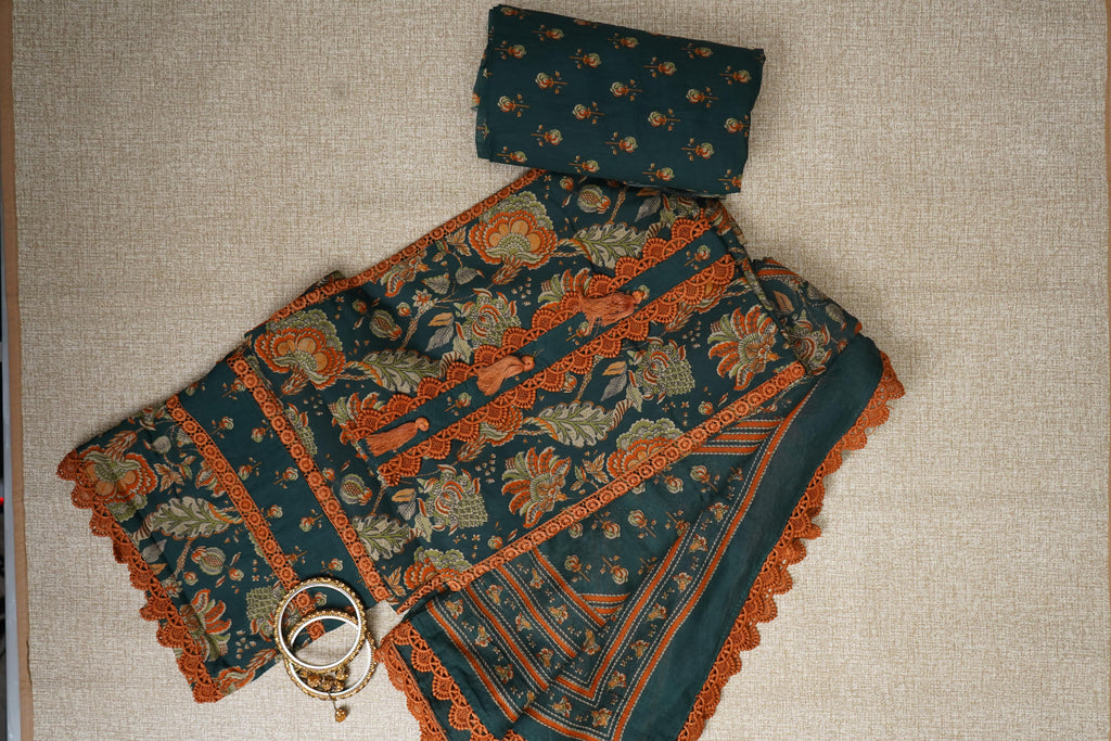 teal green floral print jaipur cotton unstitched salwar suit