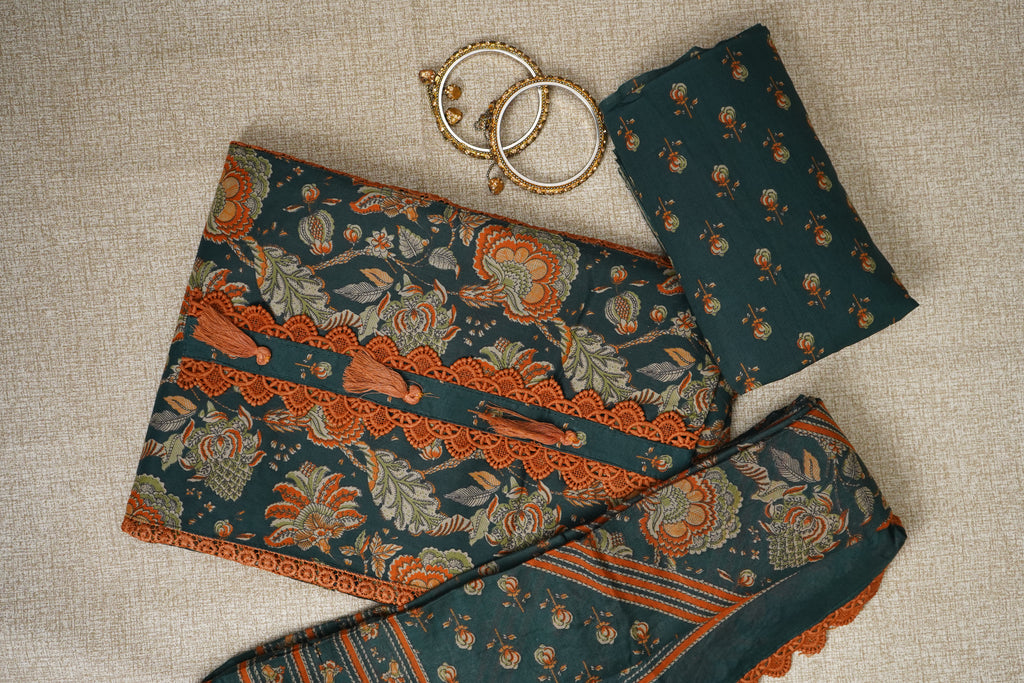 teal green floral print jaipur cotton unstitched salwar suit