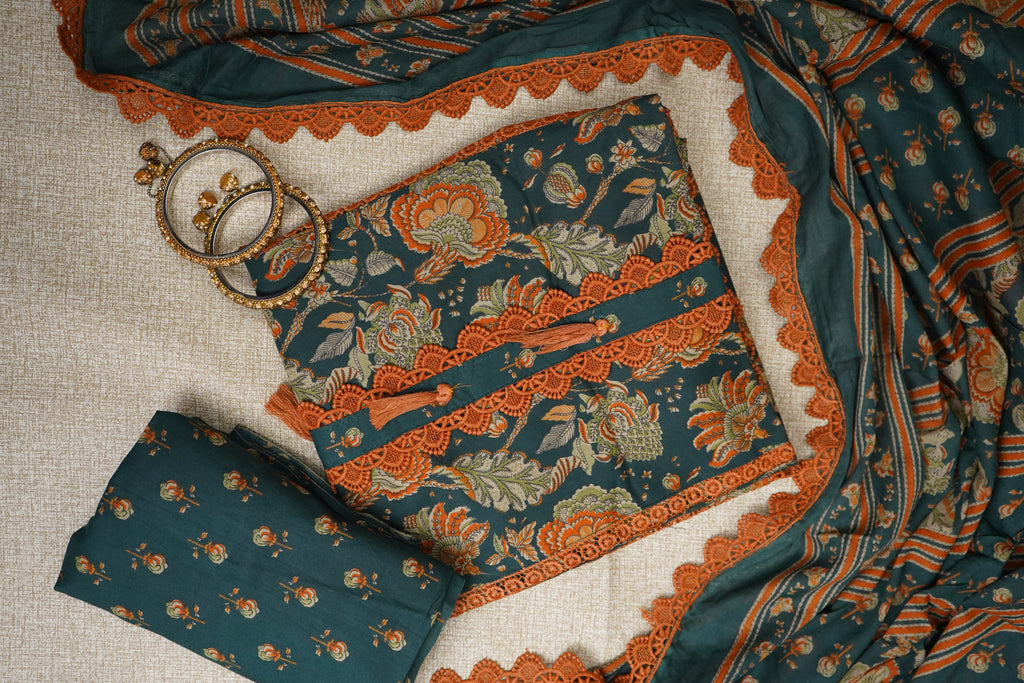teal green floral print jaipur cotton unstitched salwar suit