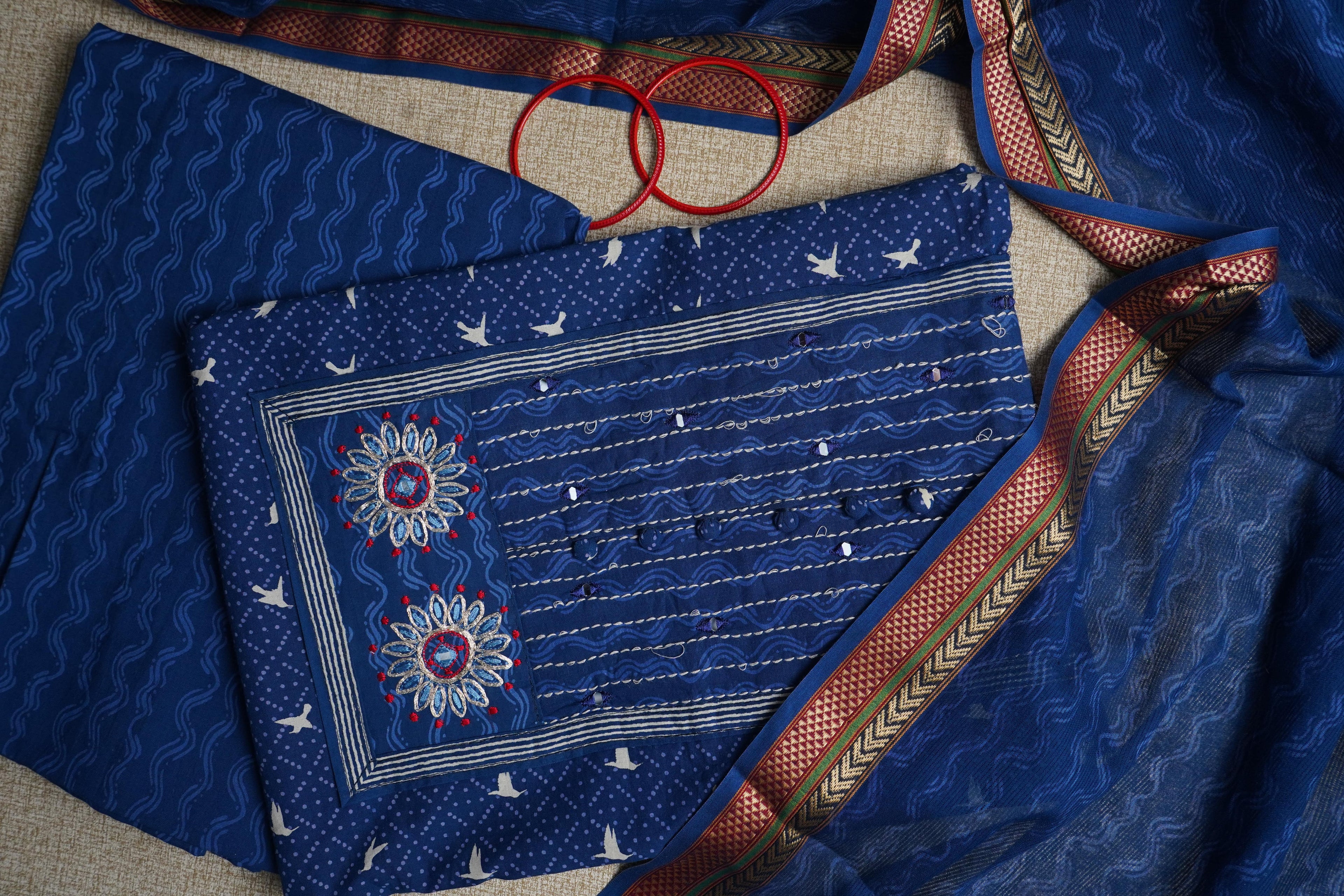 blue cotton unstitched salwar suit