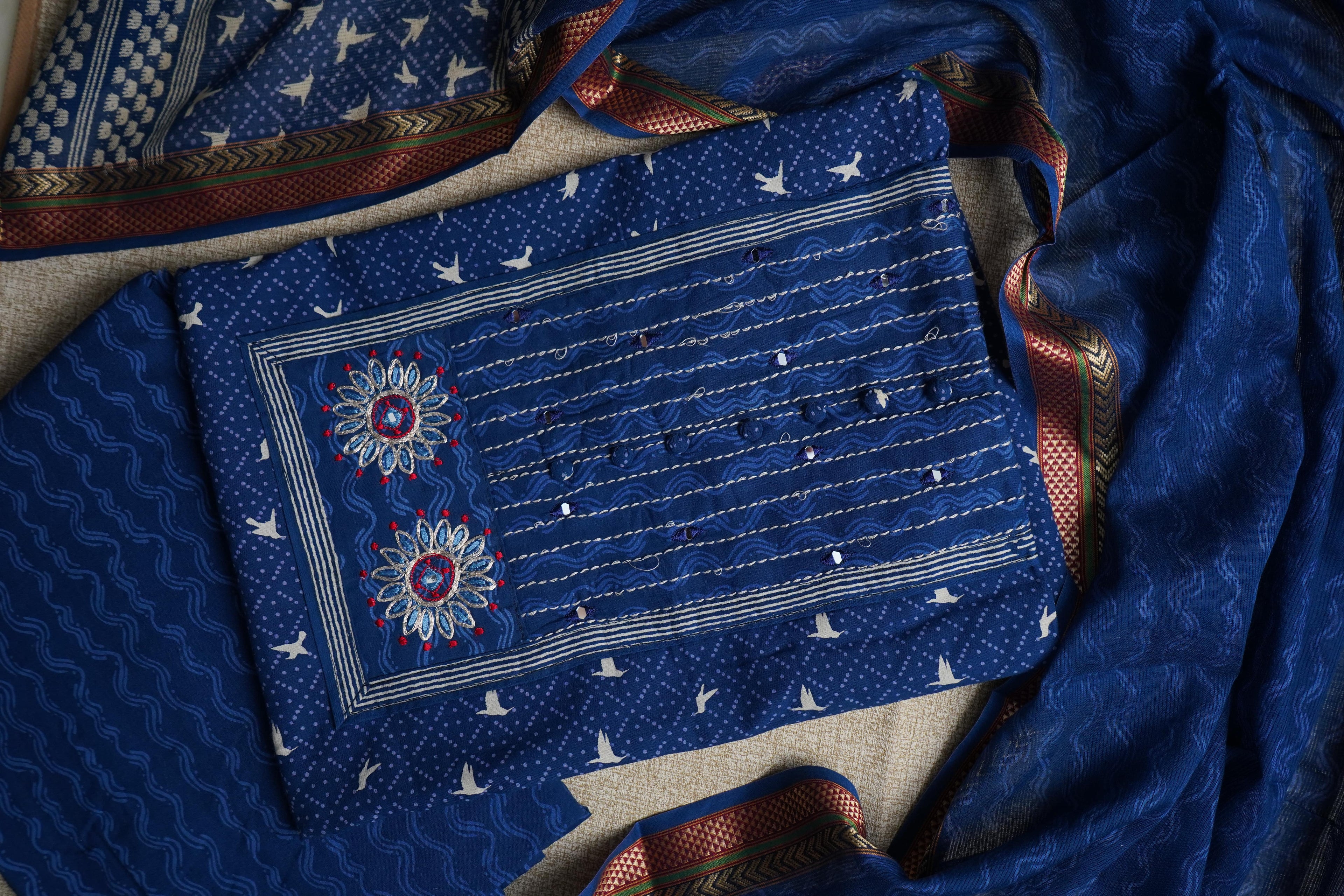 blue cotton unstitched salwar suit