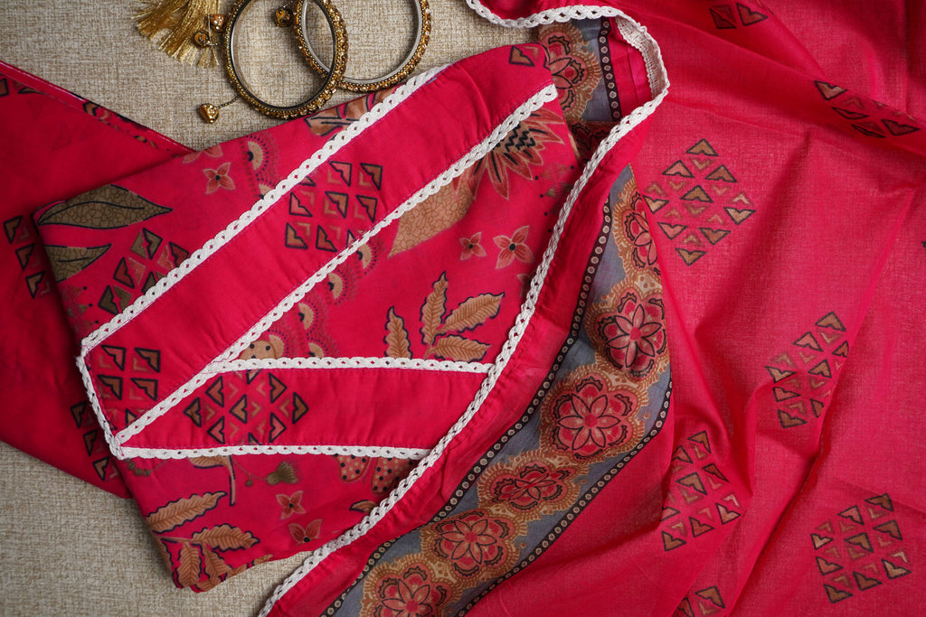 fluorescent pink printed jaipuri cotton unstiched salwar suit