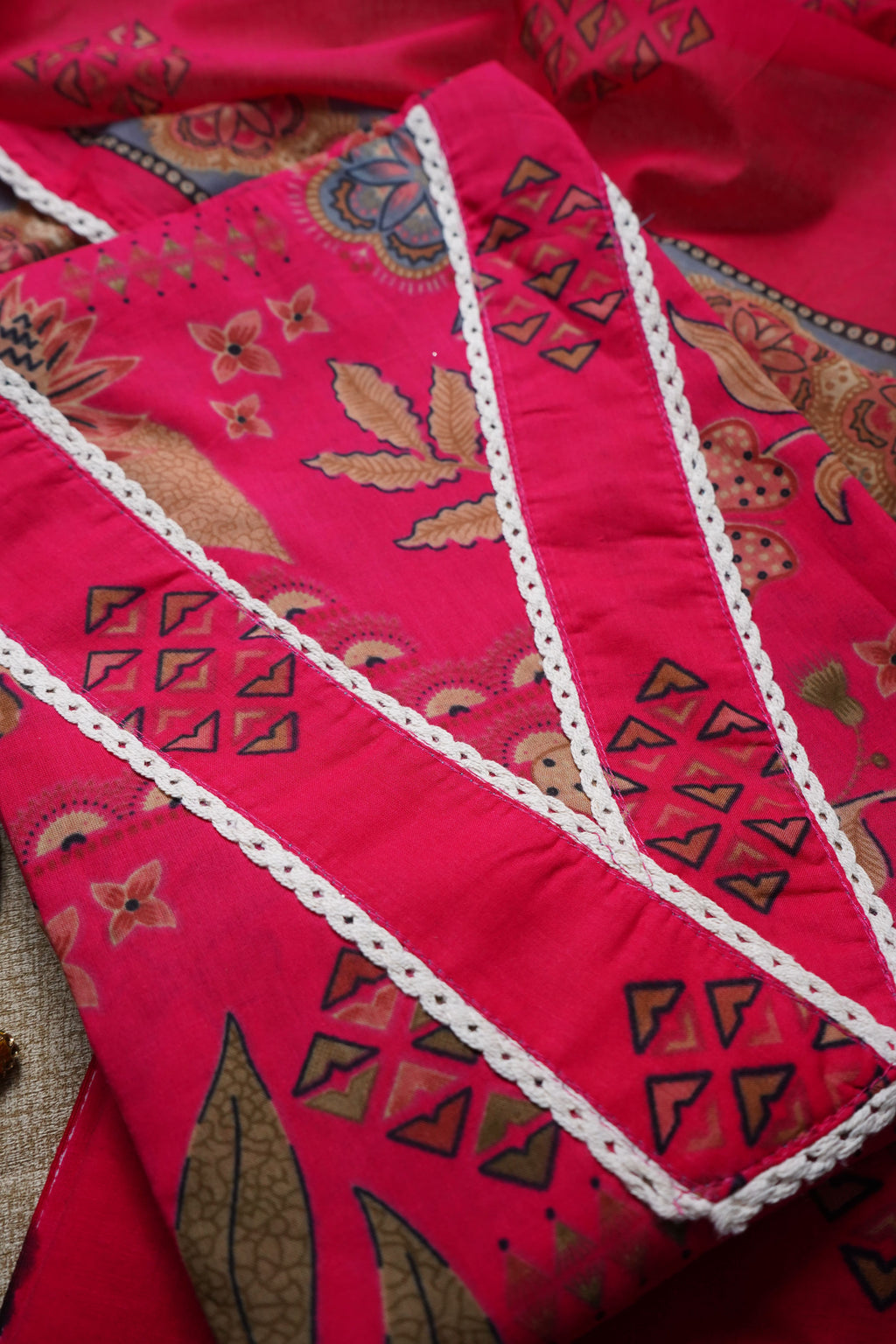 fluorescent pink printed jaipuri cotton unstiched salwar suit