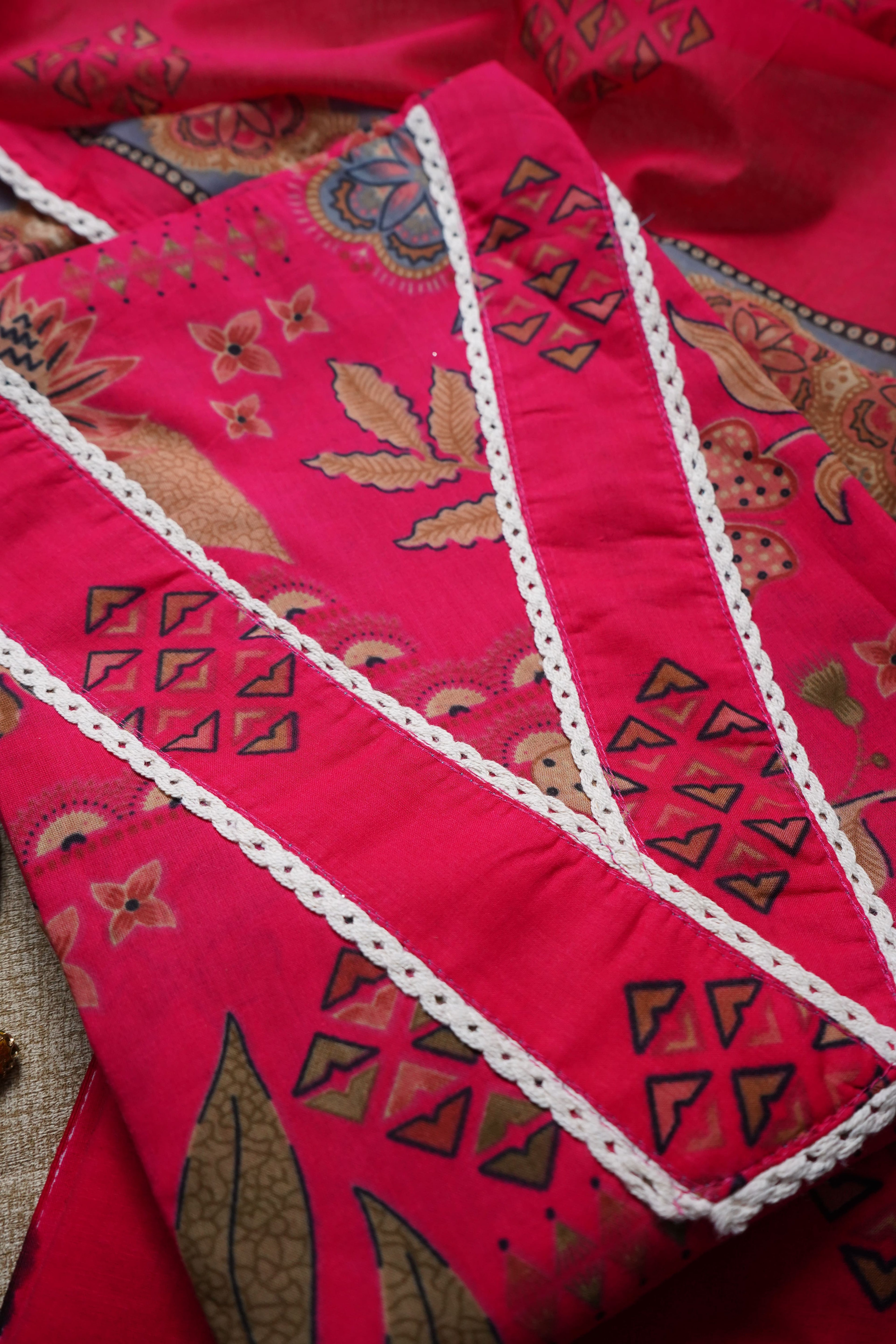 fluorescent pink printed jaipuri cotton unstiched salwar suit