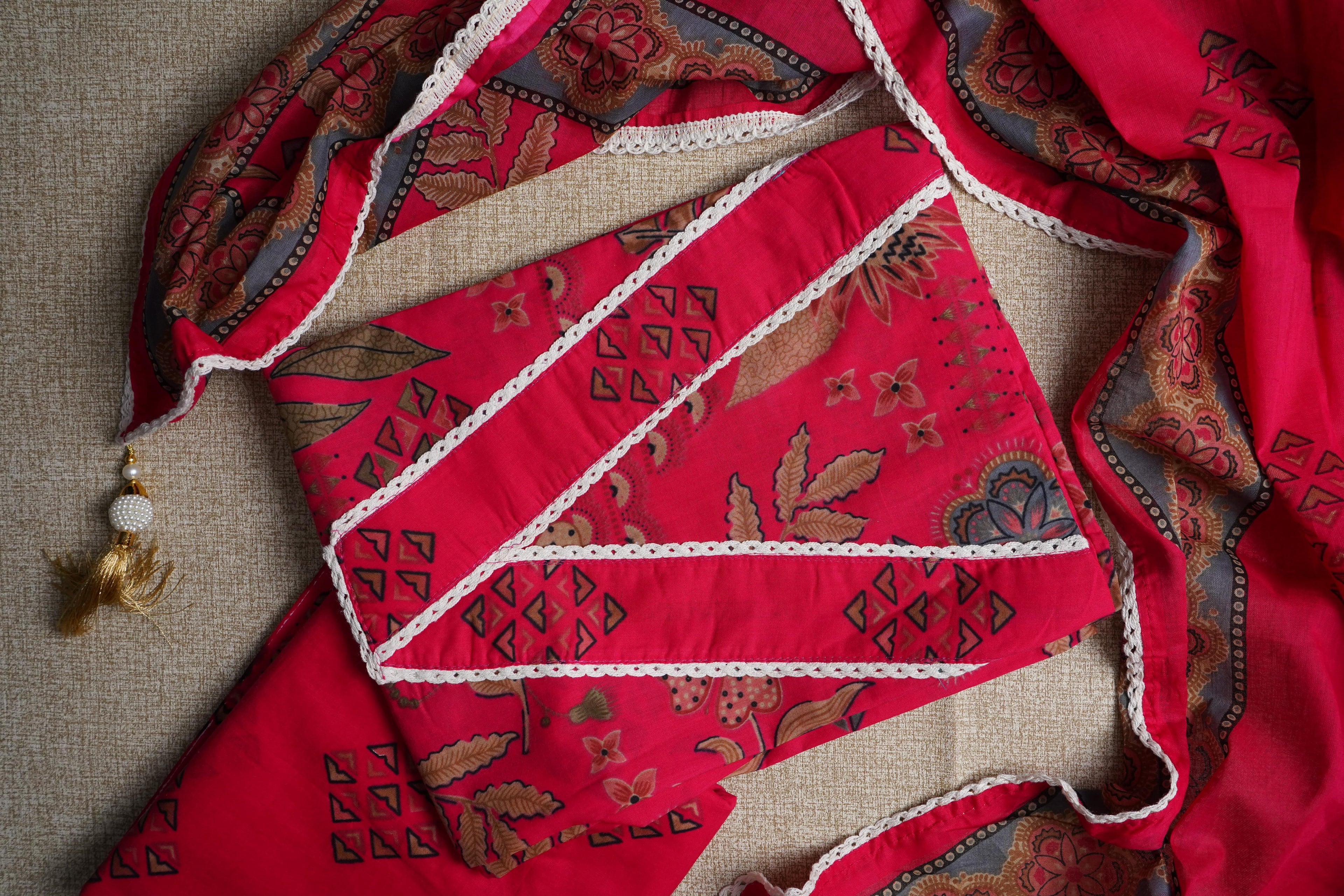 fluorescent pink printed jaipuri cotton unstiched salwar suit