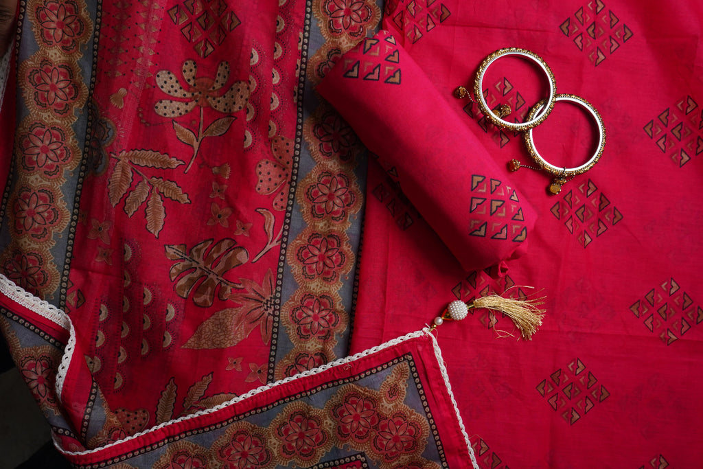 fluorescent pink printed jaipuri cotton unstiched salwar suit