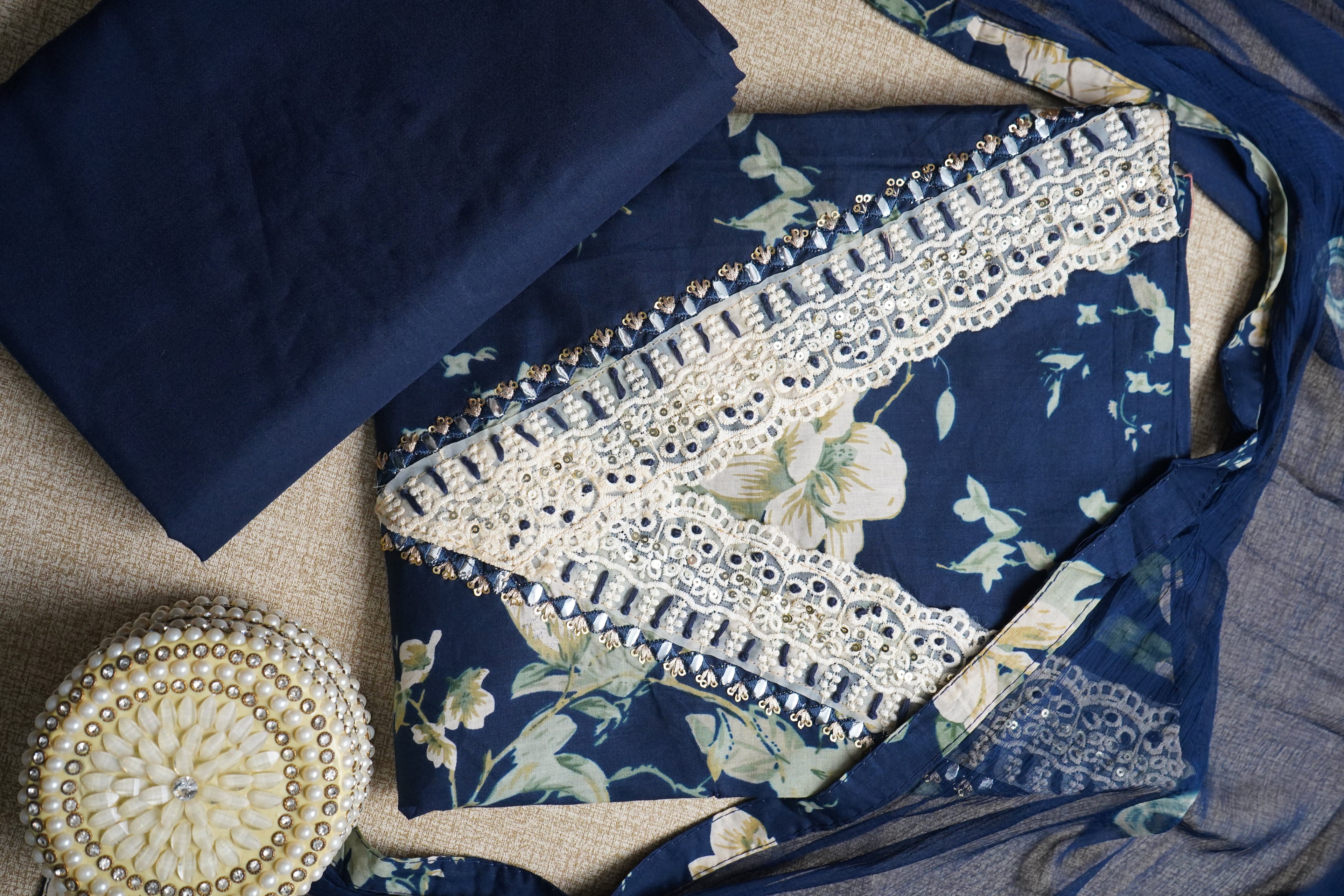 navy blue  printed cotton unstitched  salwar suit