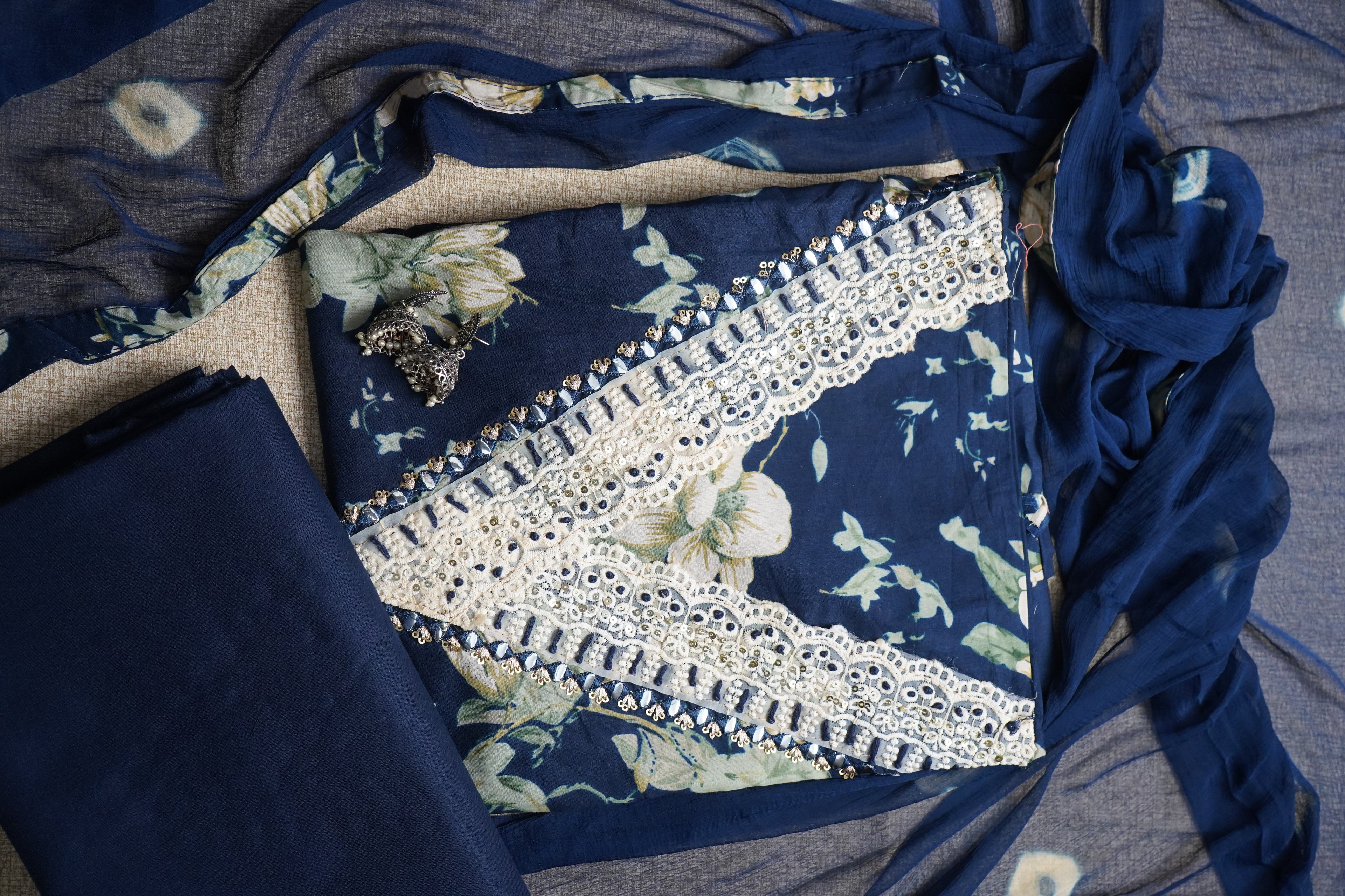 navy blue  printed cotton unstitched  salwar suit