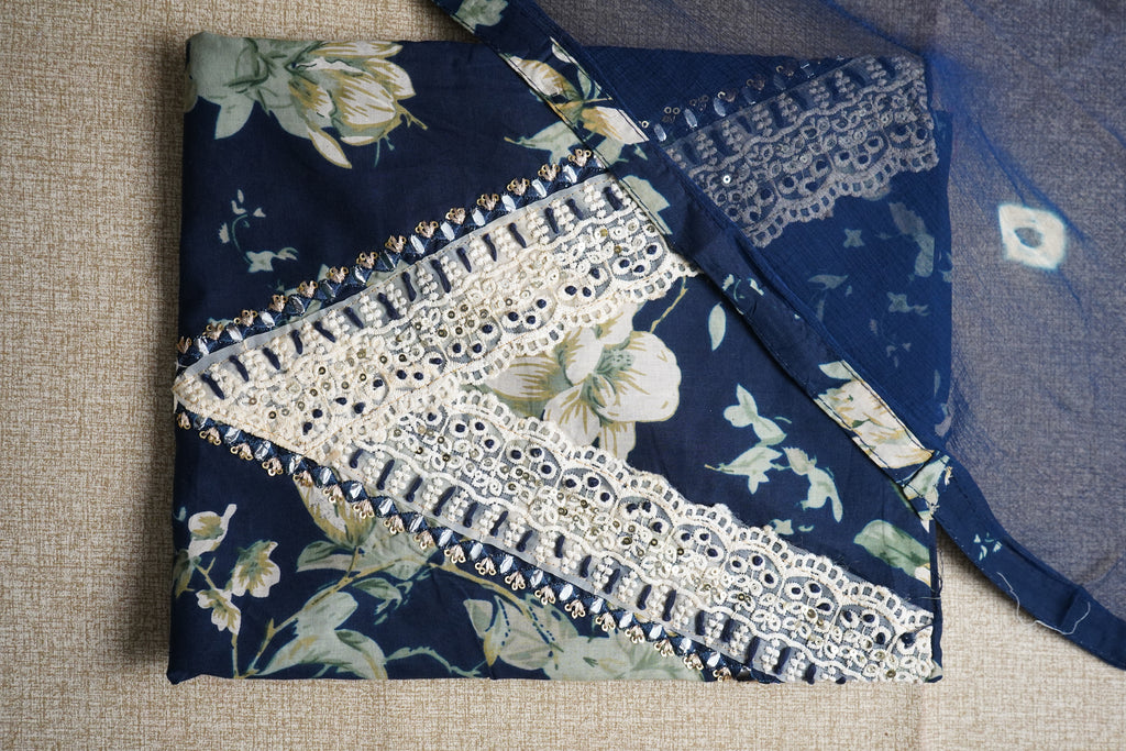 navy blue  printed cotton unstitched  salwar suit