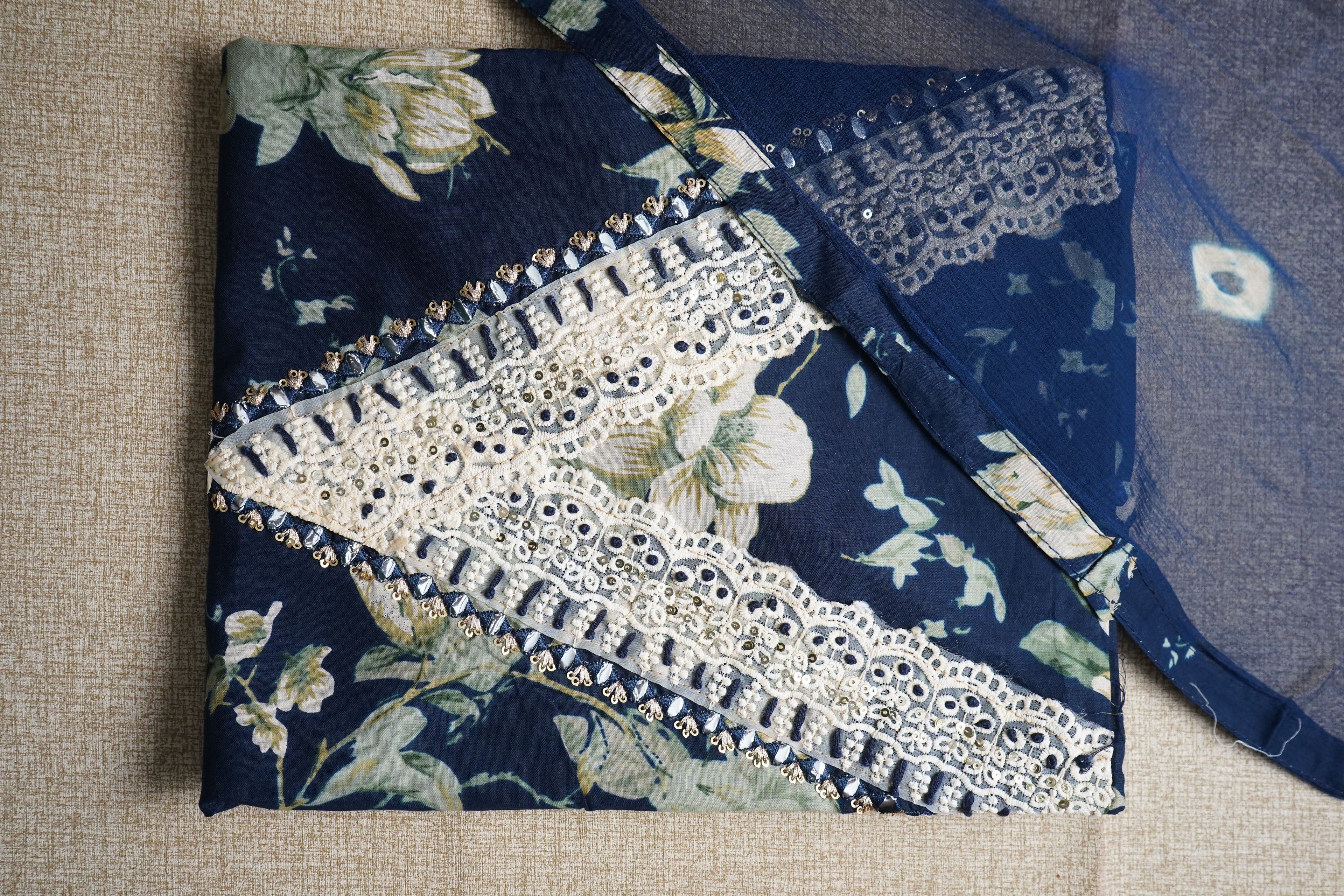 navy blue  printed cotton unstitched  salwar suit