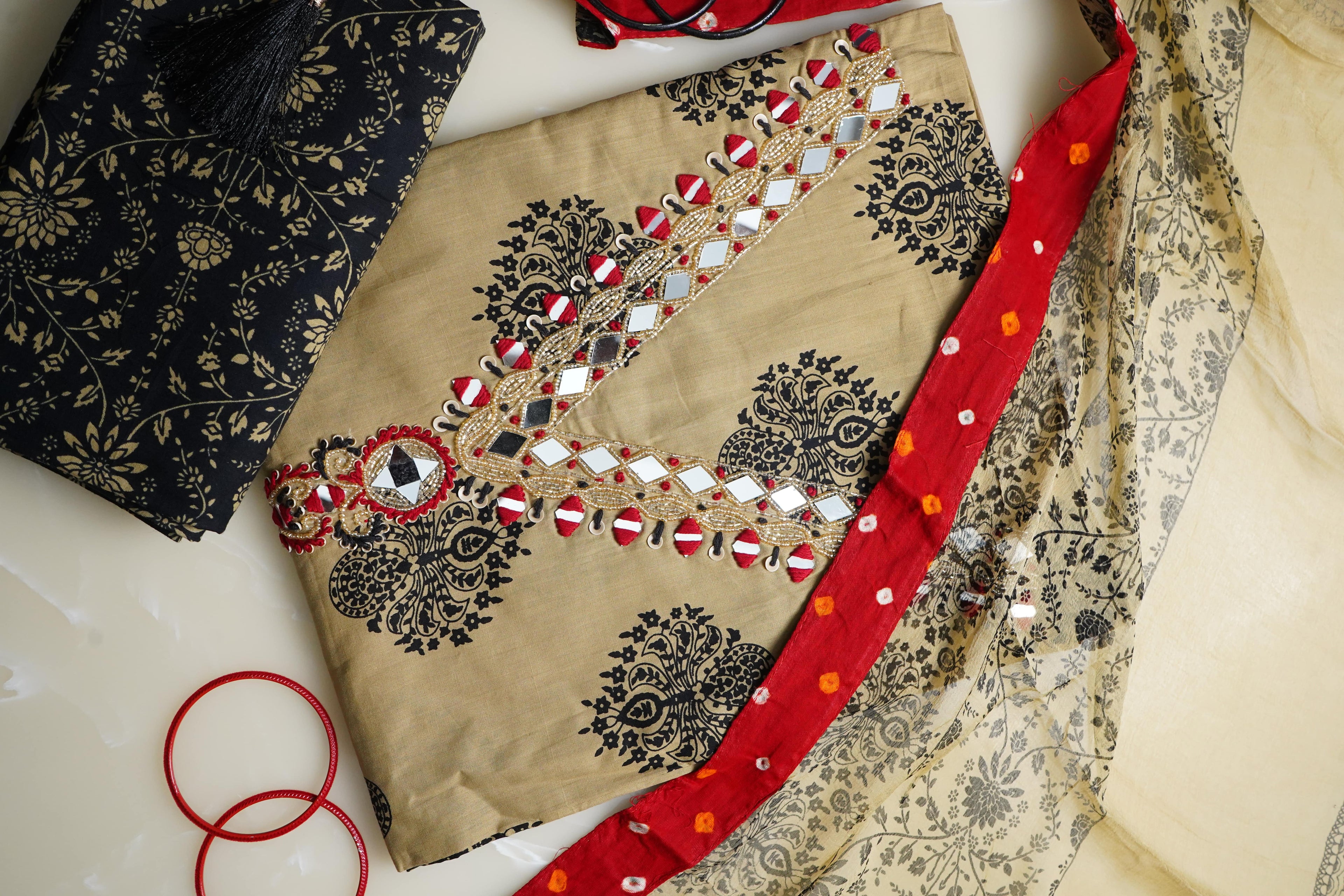 beige cotton stonework unstitched salwar suit