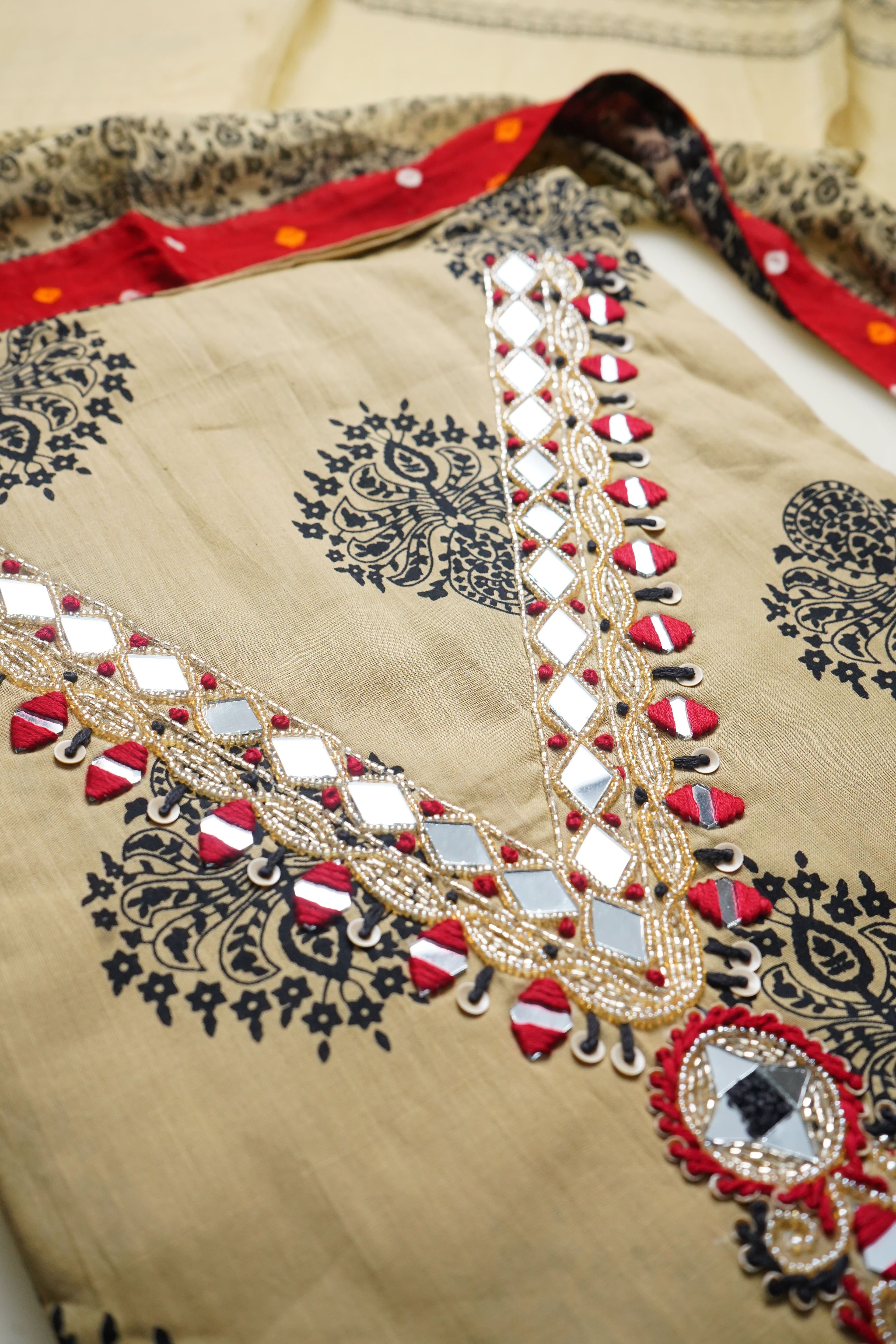 beige cotton stonework unstitched salwar suit