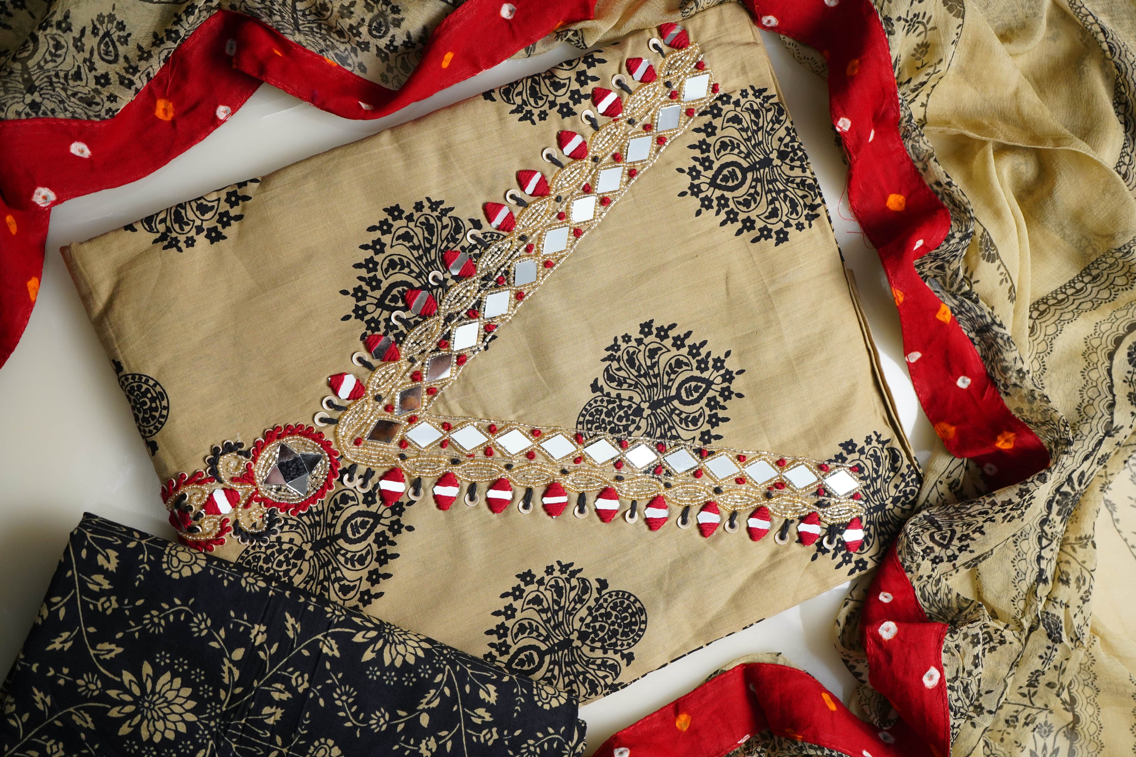 beige cotton stonework unstitched salwar suit