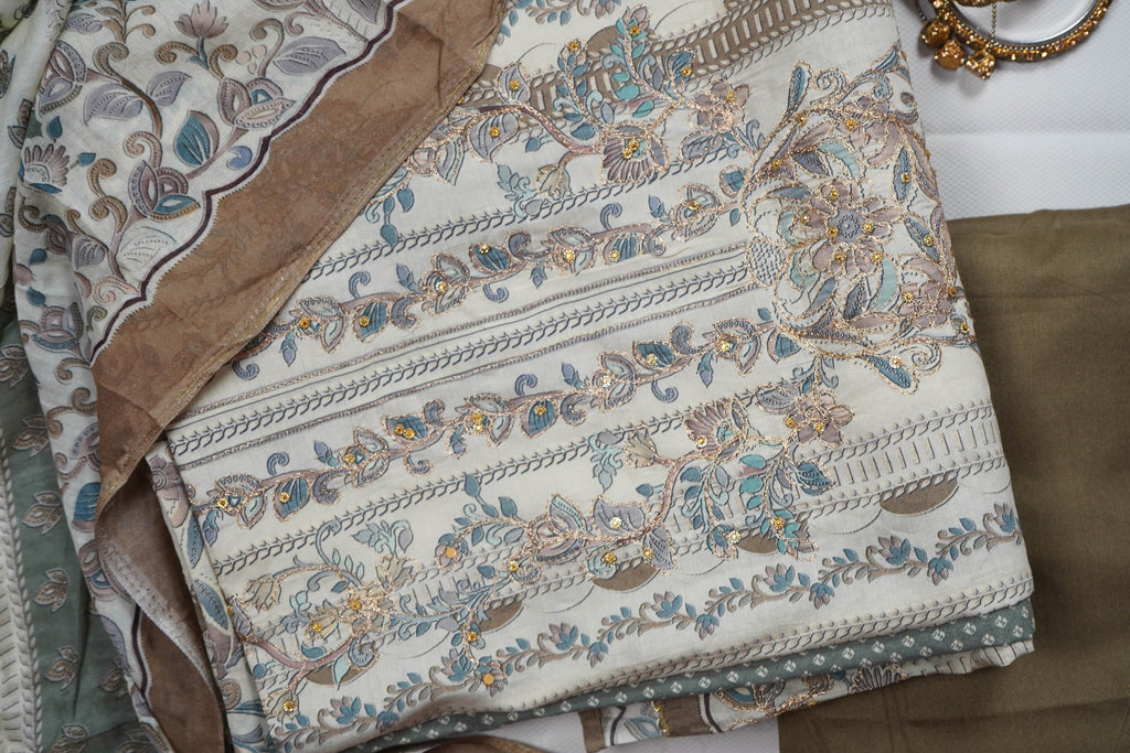 brown masleen zariwork unstitched salwar suit