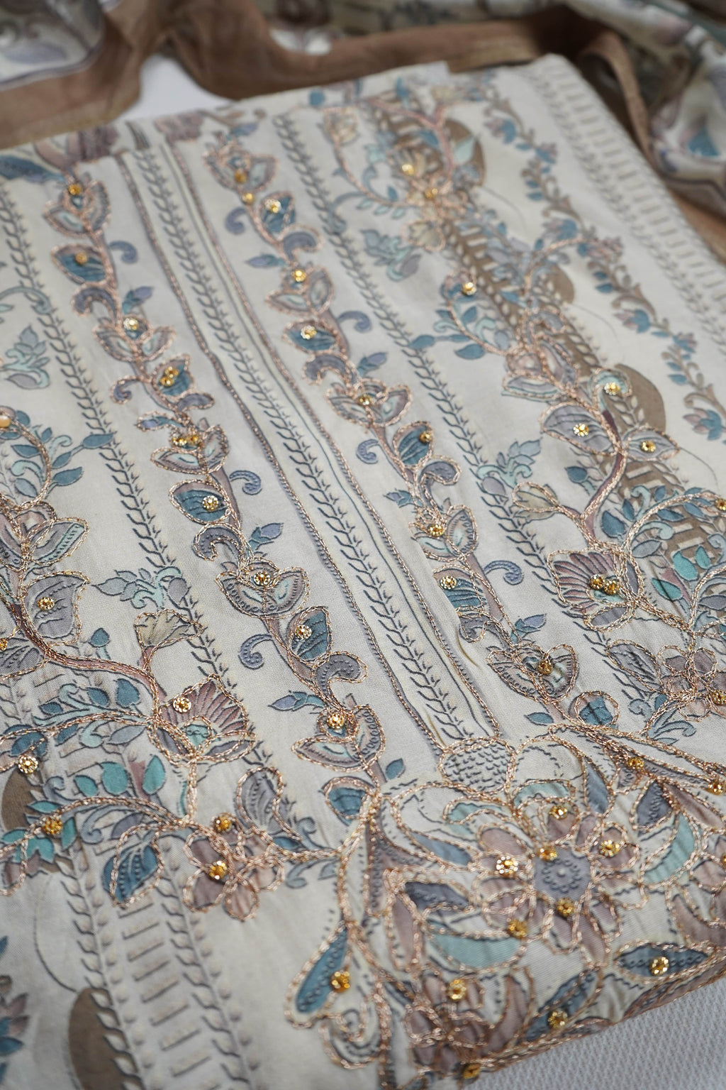 brown masleen zariwork unstitched salwar suit