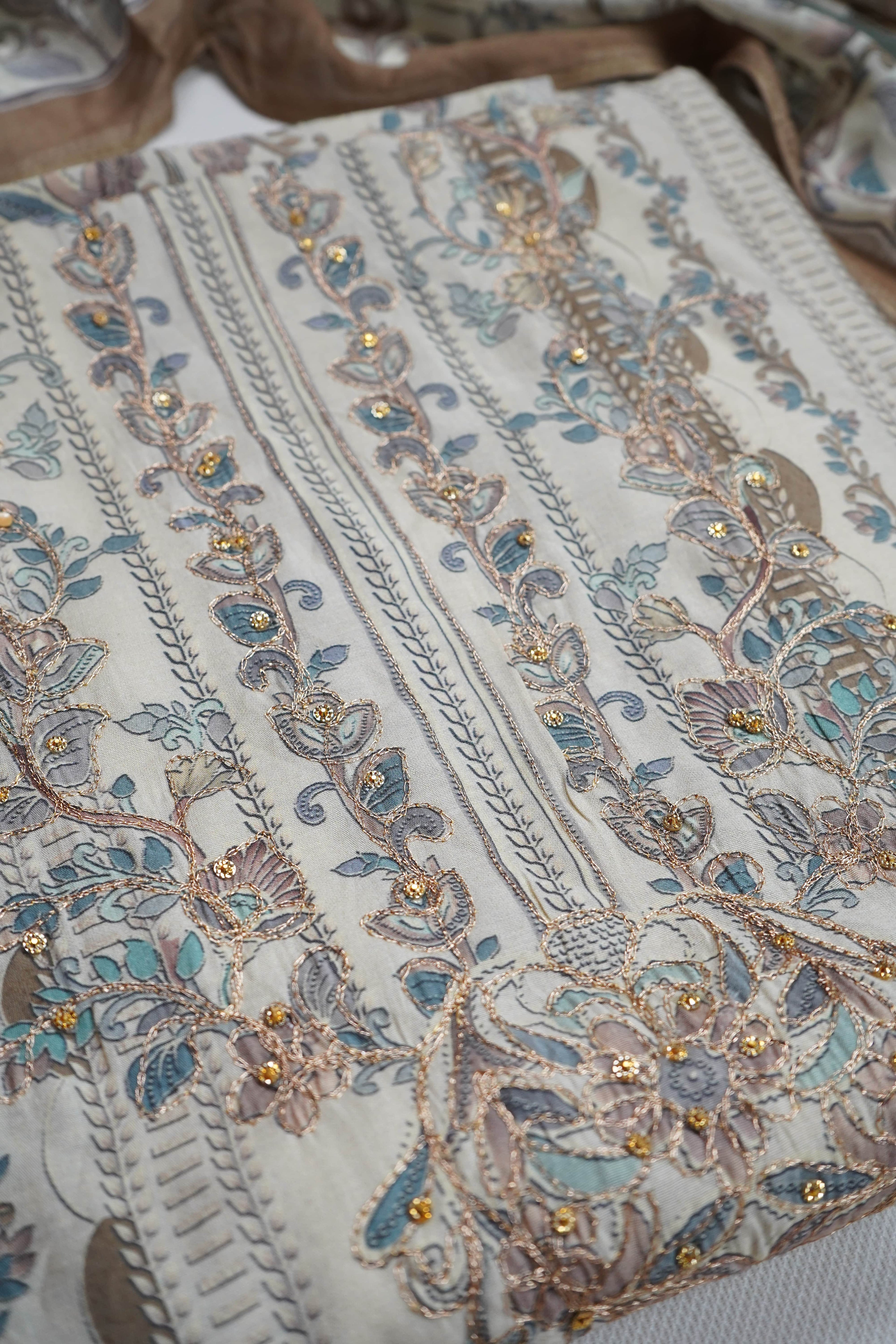 brown masleen zariwork unstitched salwar suit