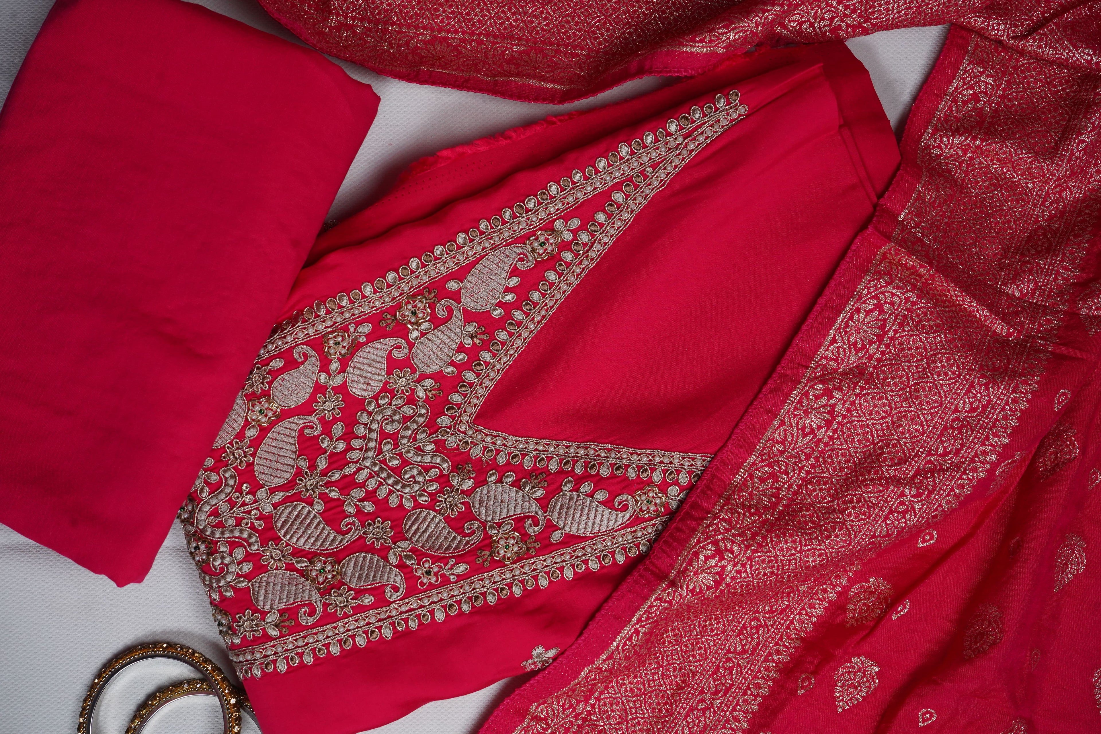 magenta zariwork silk unstitched salwar suit