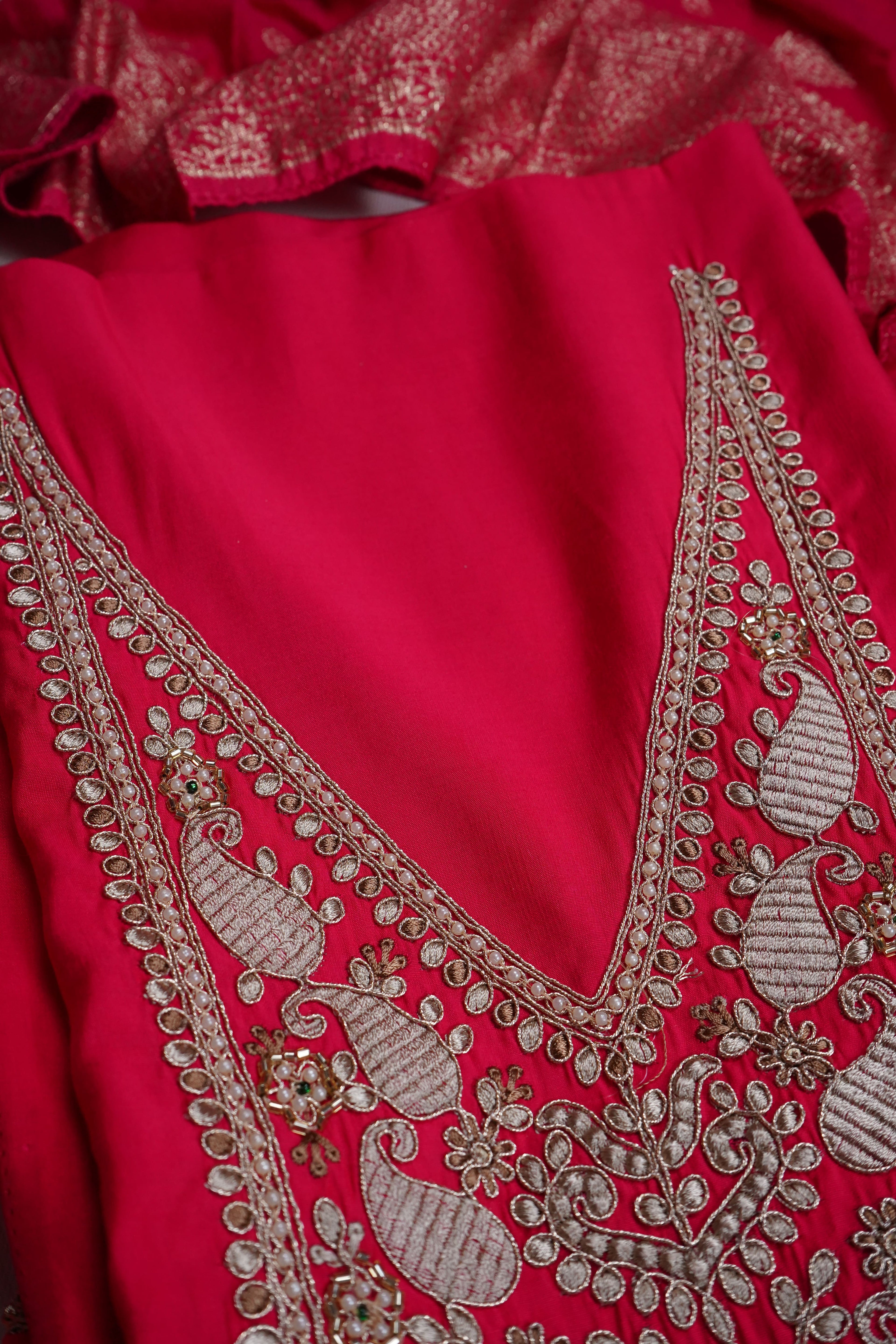 magenta zariwork silk unstitched salwar suit