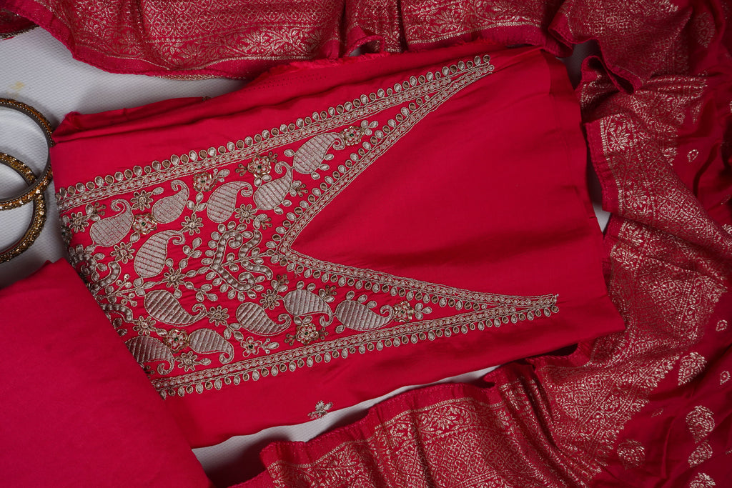 magenta zariwork silk unstitched salwar suit