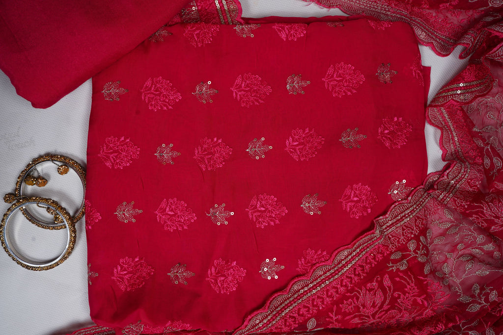 magenta organza threadwork unstitched salwar suit