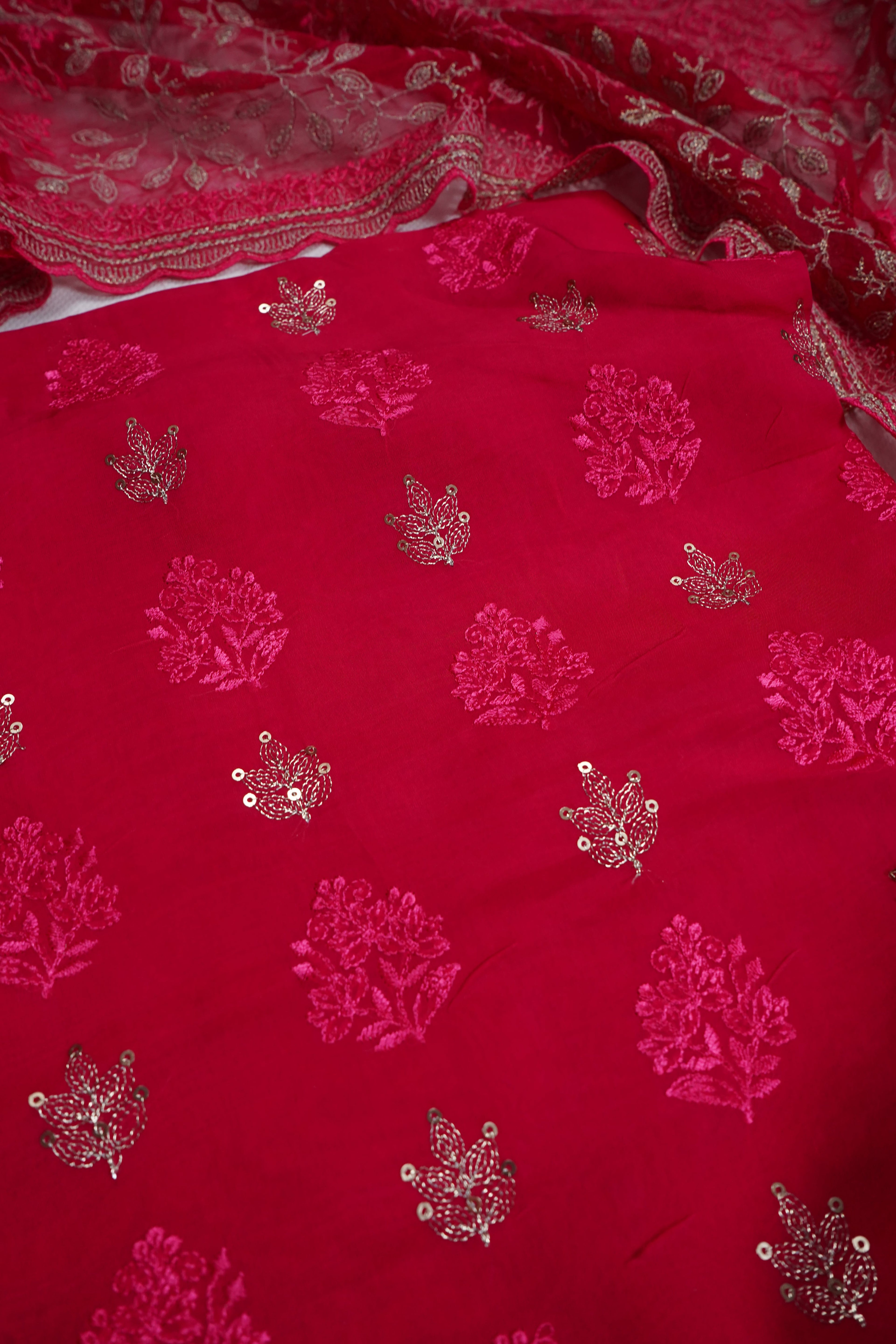 magenta organza threadwork unstitched salwar suit