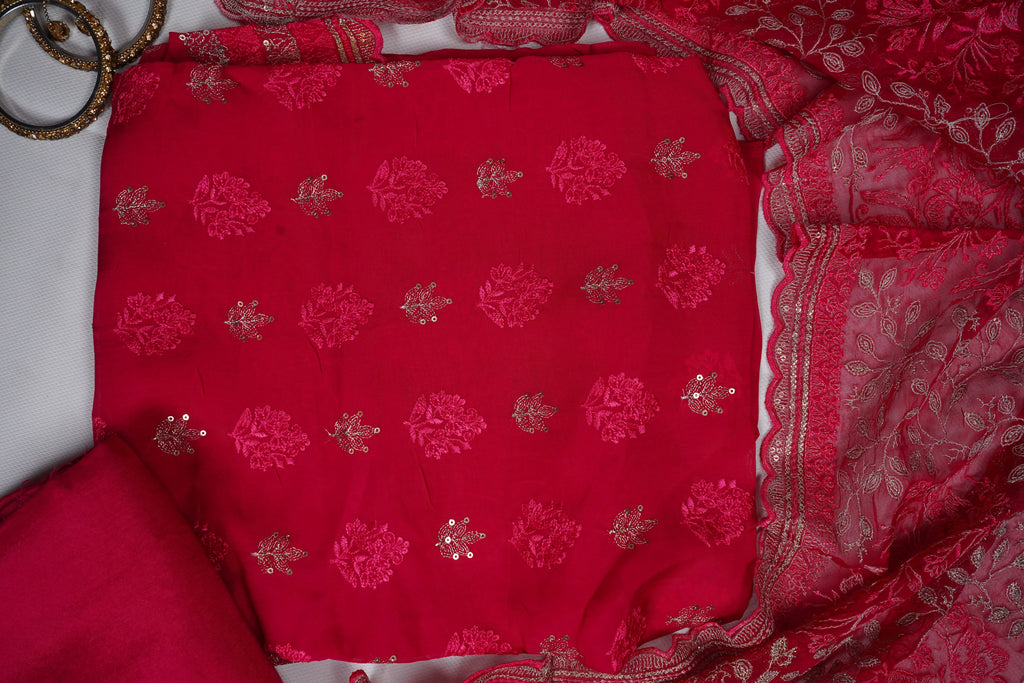 magenta organza threadwork unstitched salwar suit