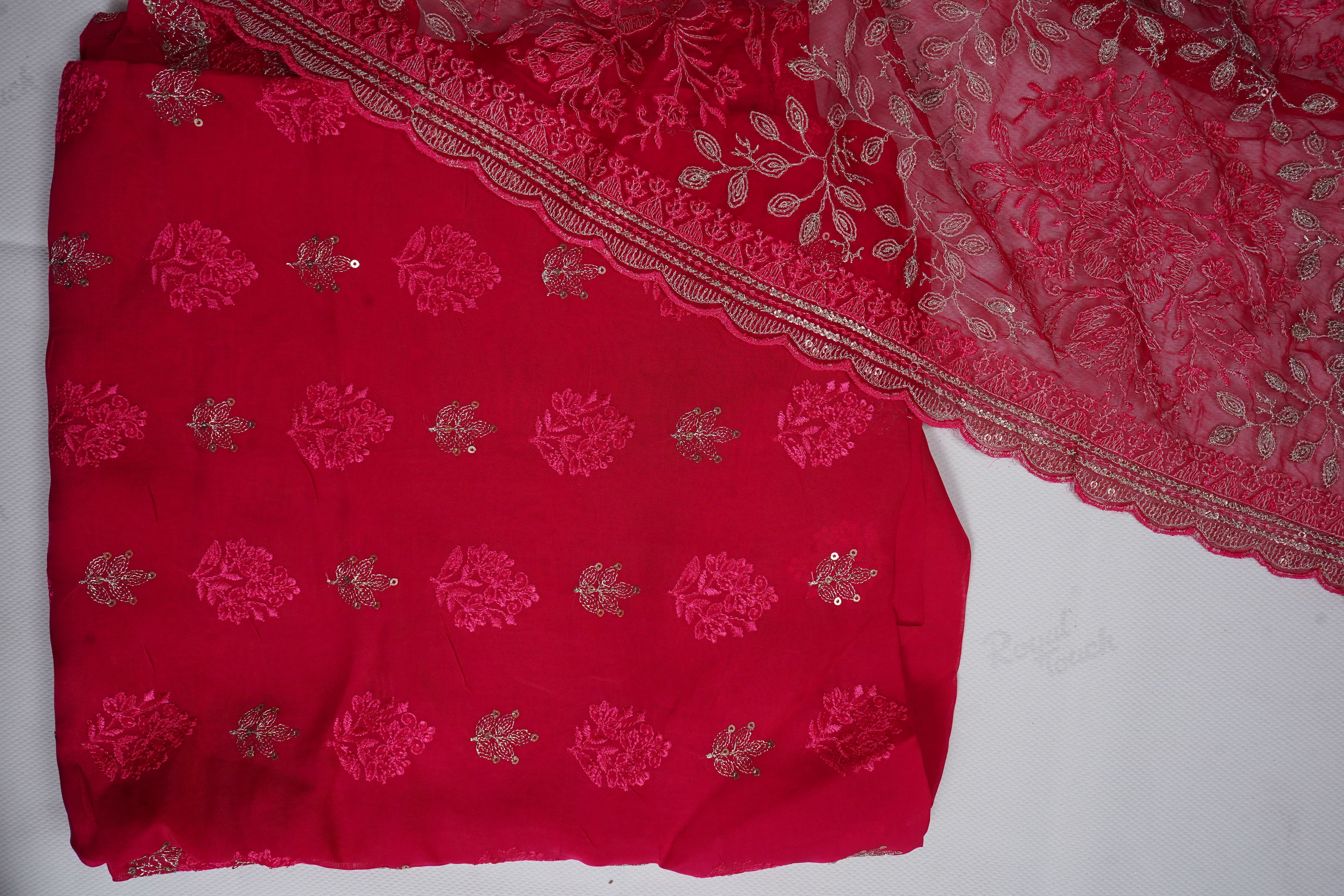 magenta organza threadwork unstitched salwar suit