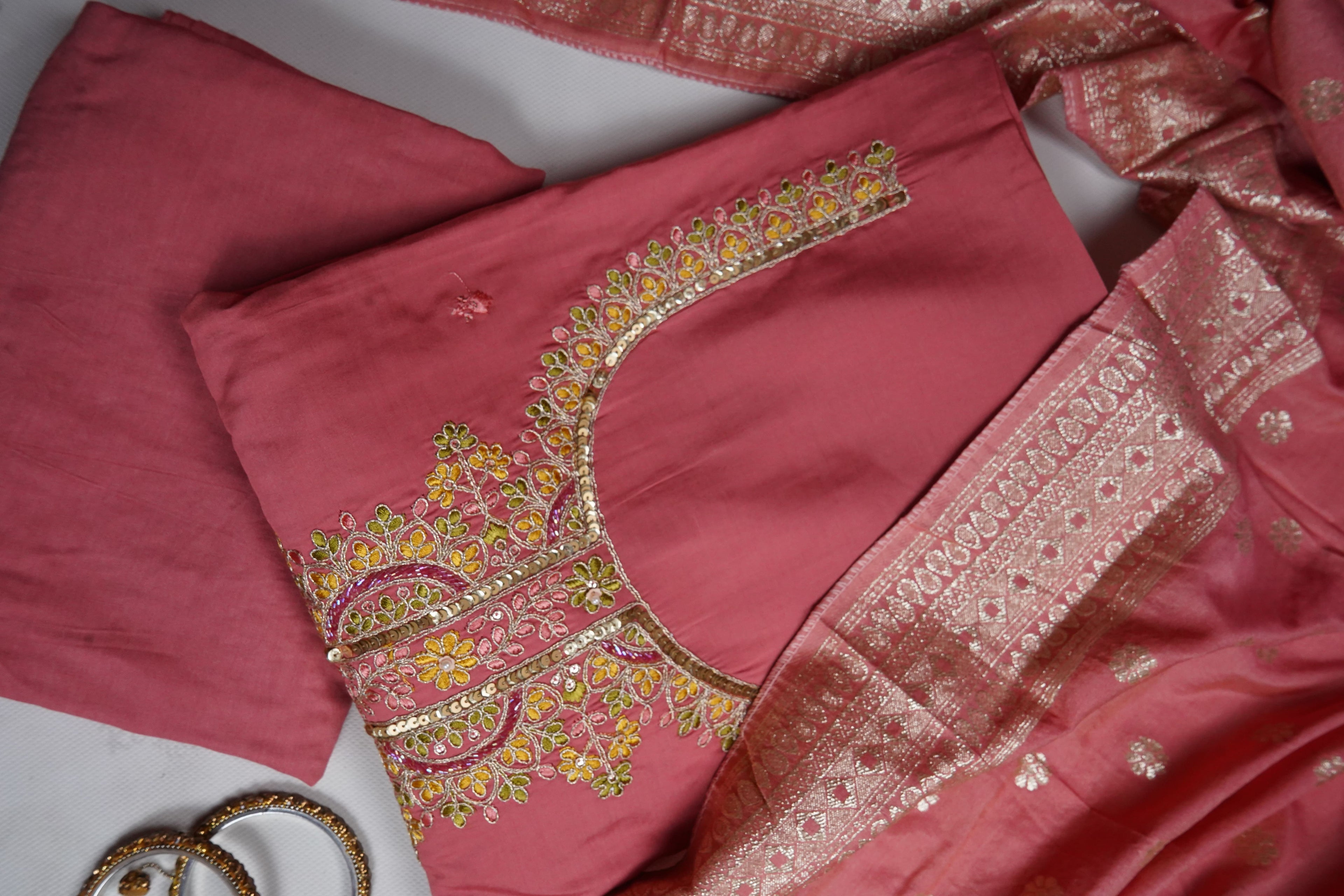peach silk threadwork unstitched salwar suit