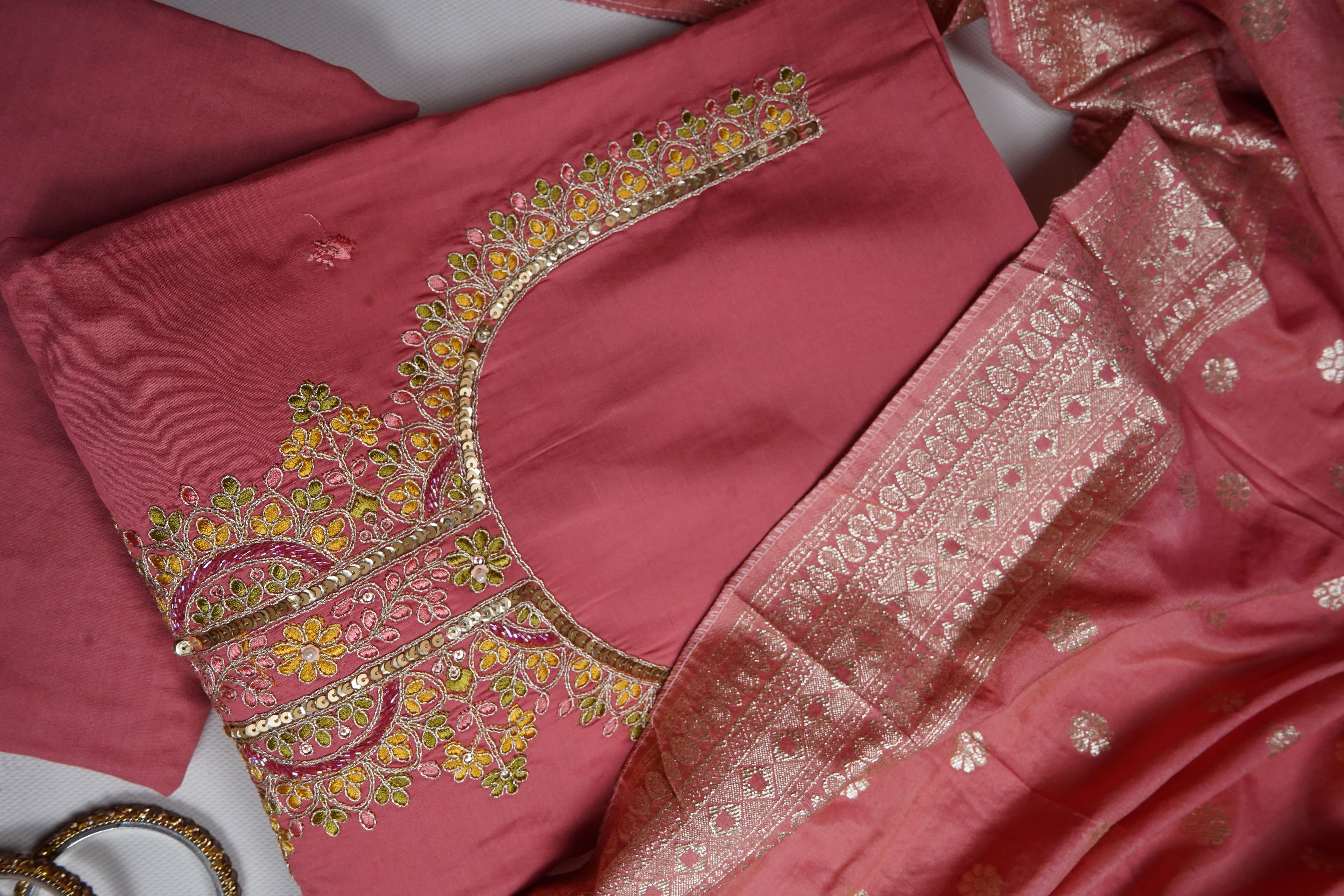 peach silk threadwork unstitched salwar suit