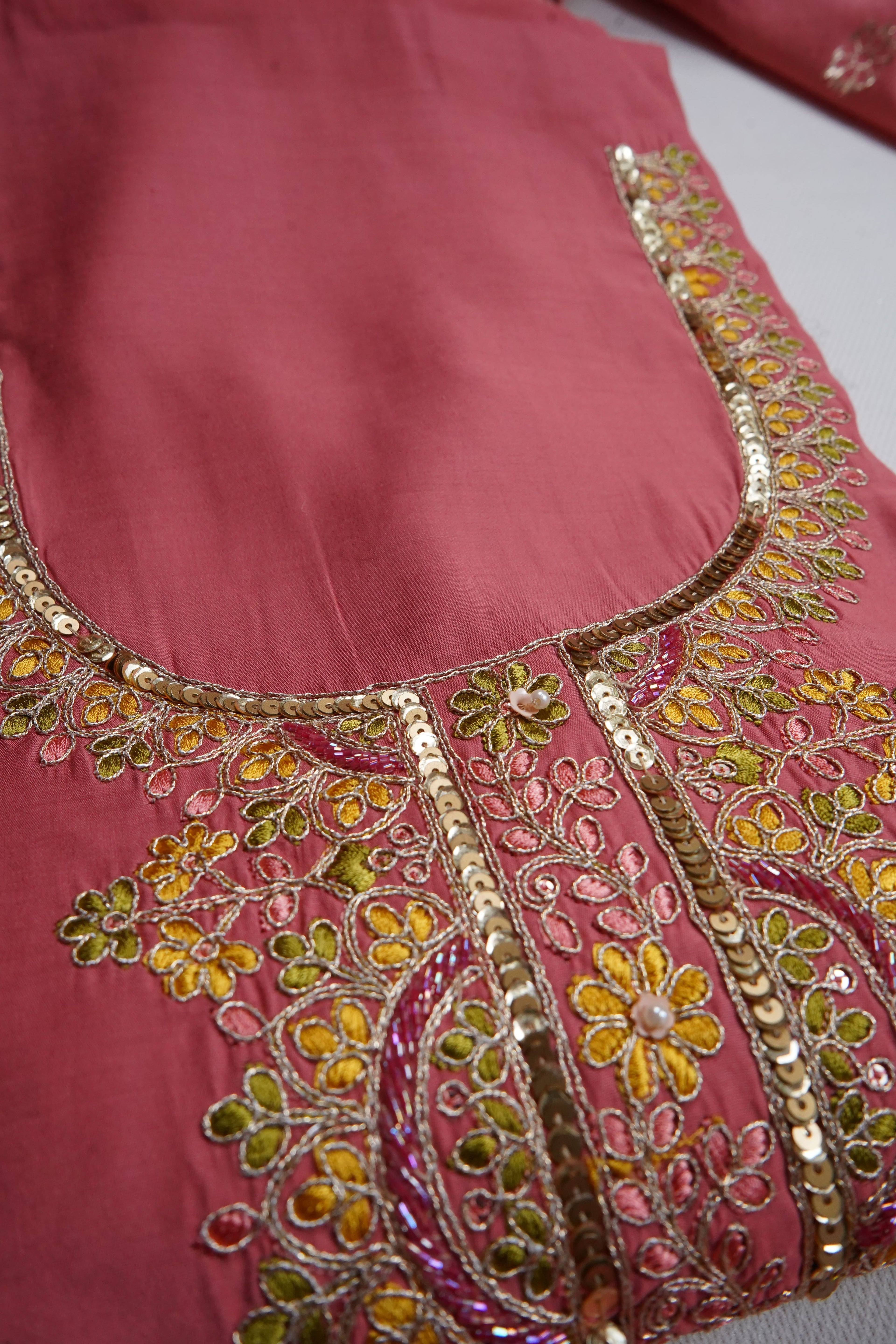 peach silk threadwork unstitched salwar suit