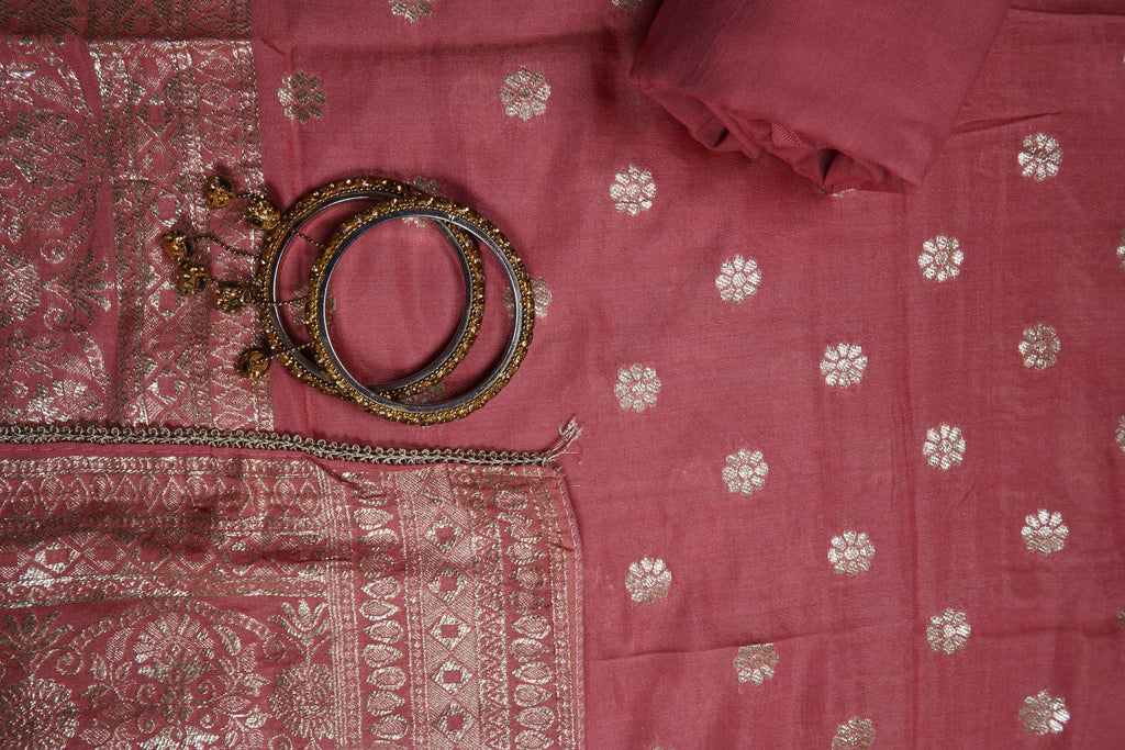 peach silk threadwork unstitched salwar suit