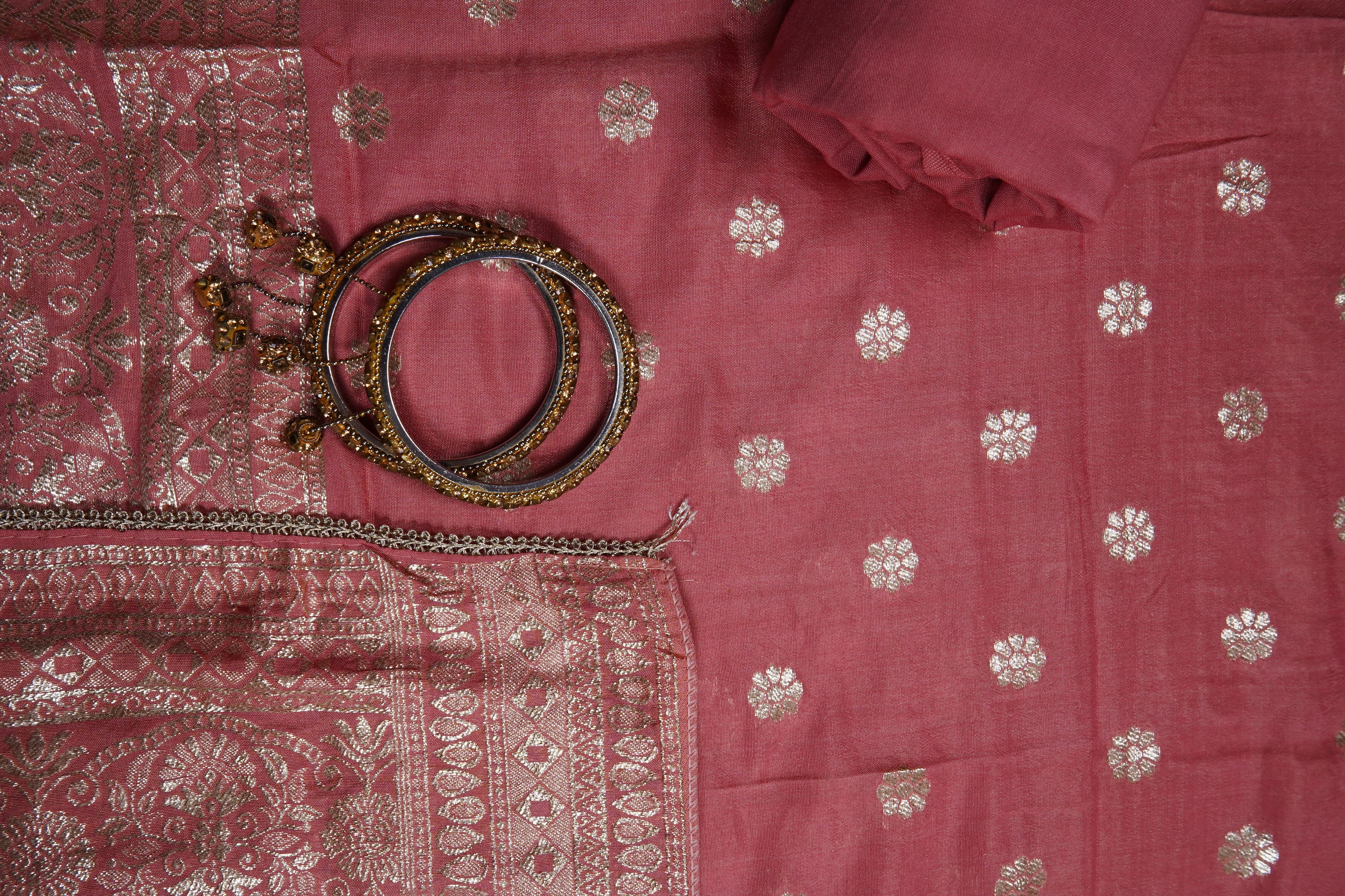 peach silk threadwork unstitched salwar suit