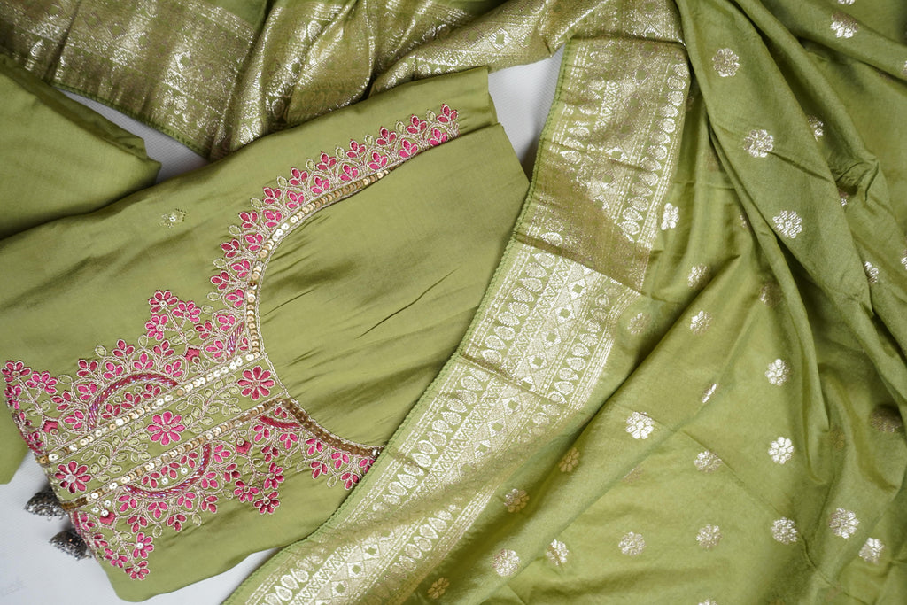 mehendi green silk threadwork unstitched salwar suit