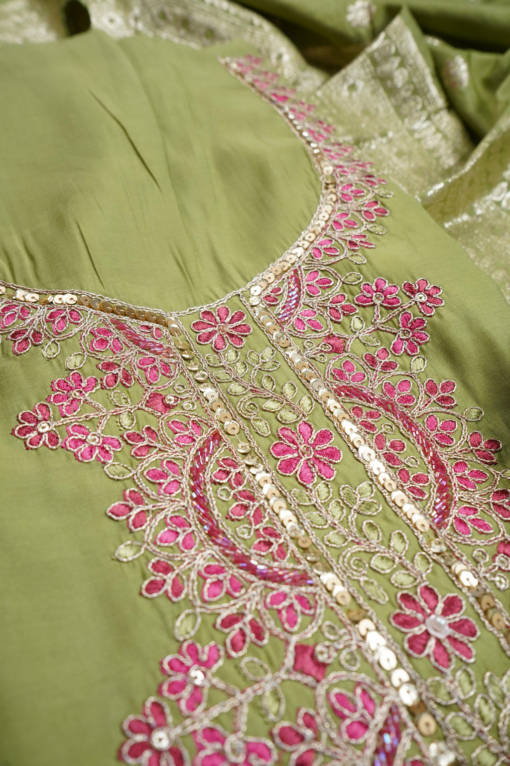 mehendi green silk threadwork unstitched salwar suit
