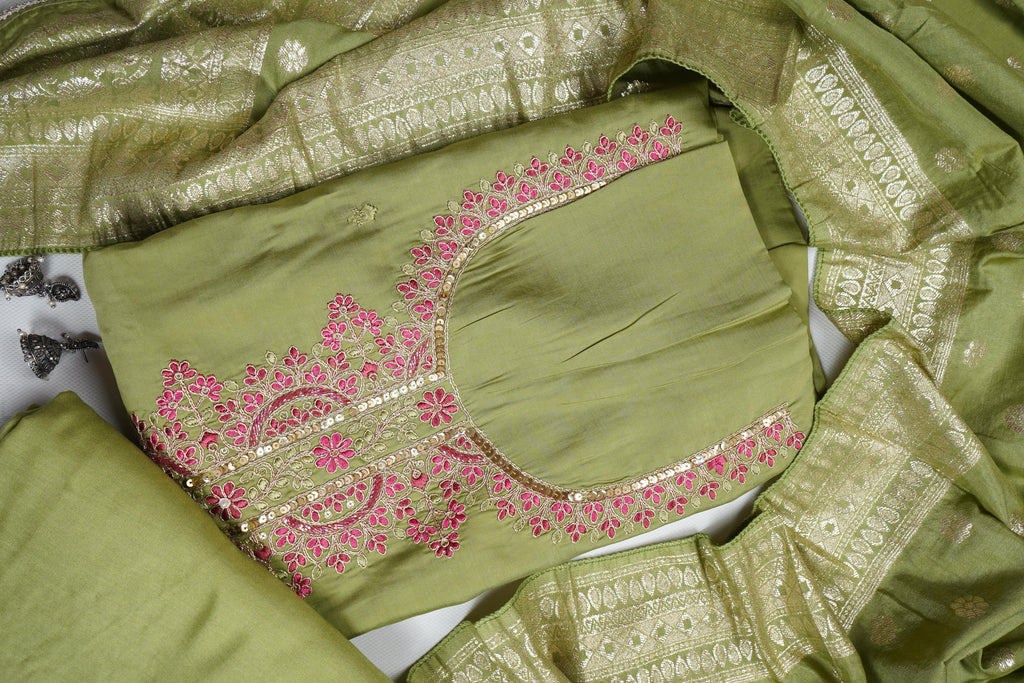 mehendi green silk threadwork unstitched salwar suit
