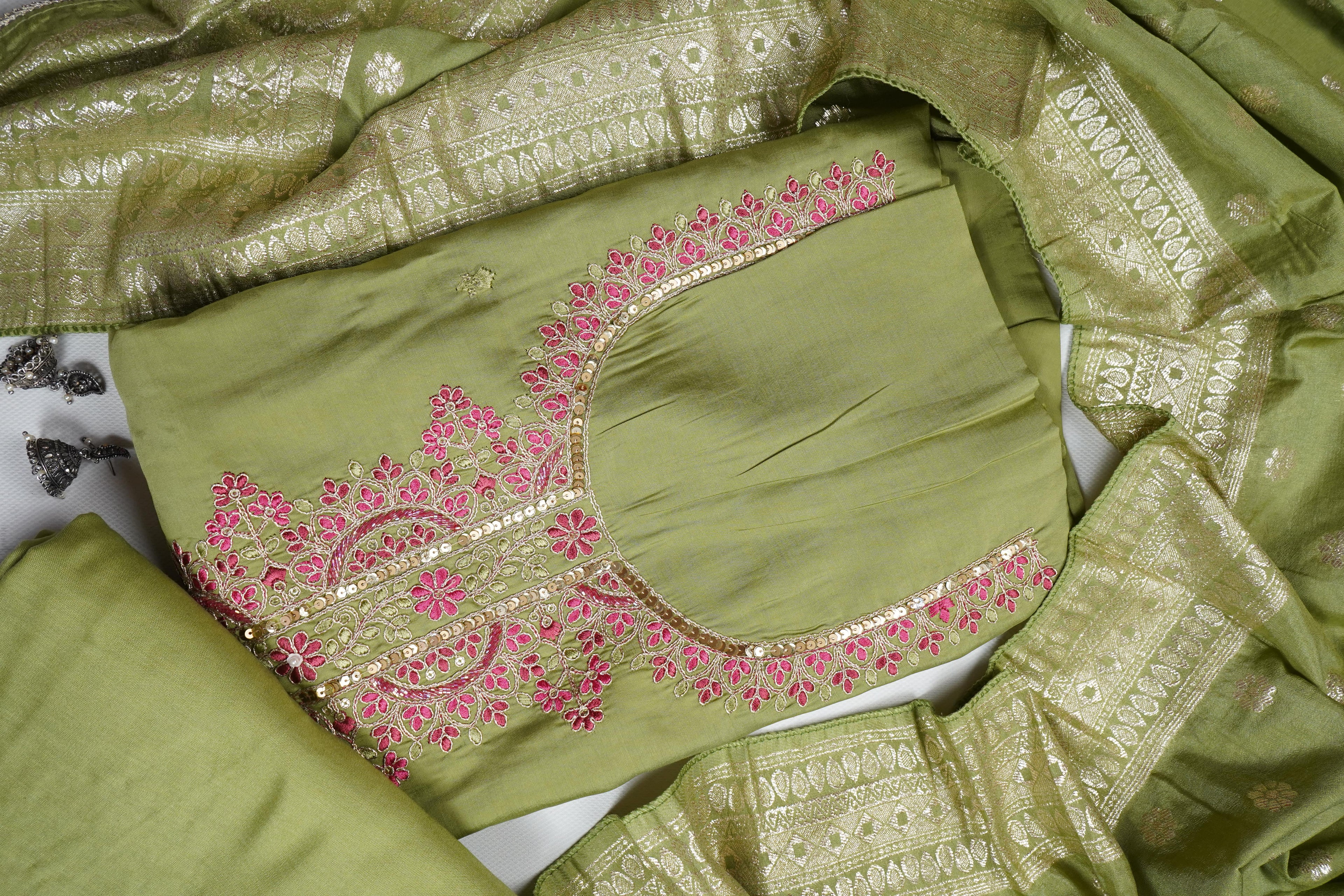 mehendi green silk threadwork unstitched salwar suit
