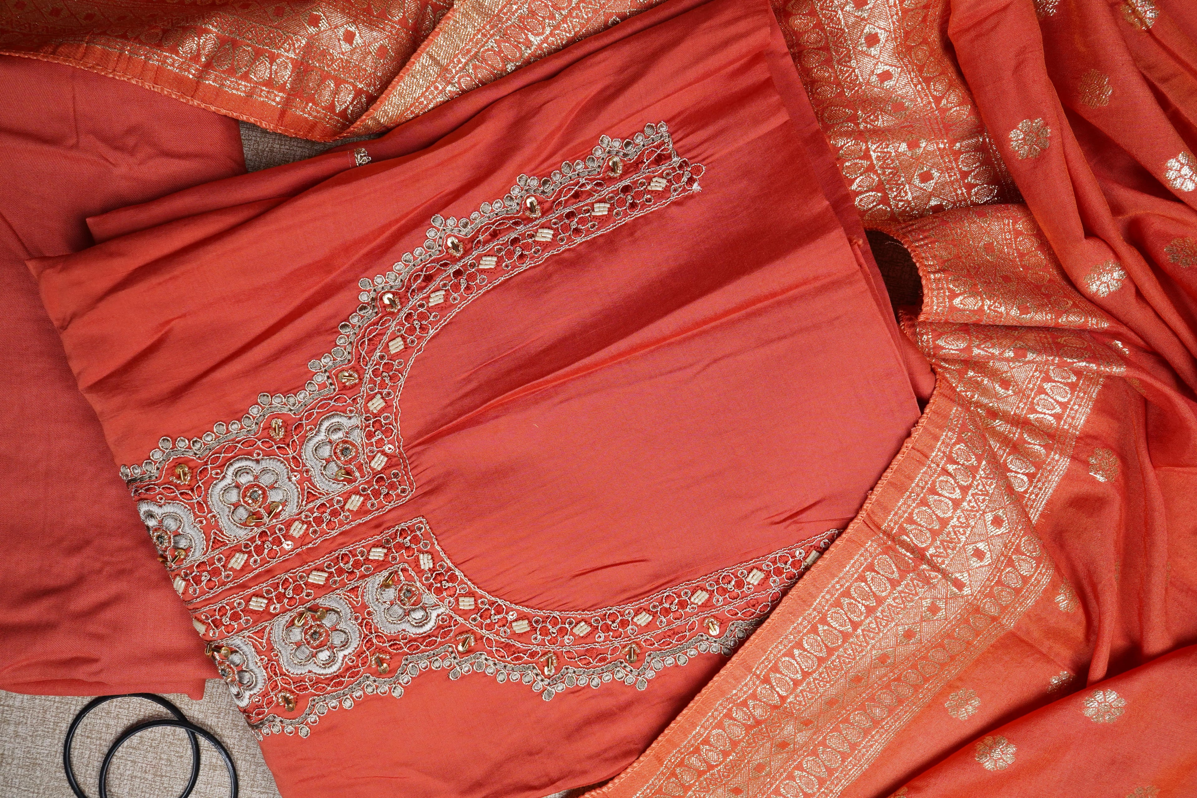 rust silk threadwork unstitched salwar suit