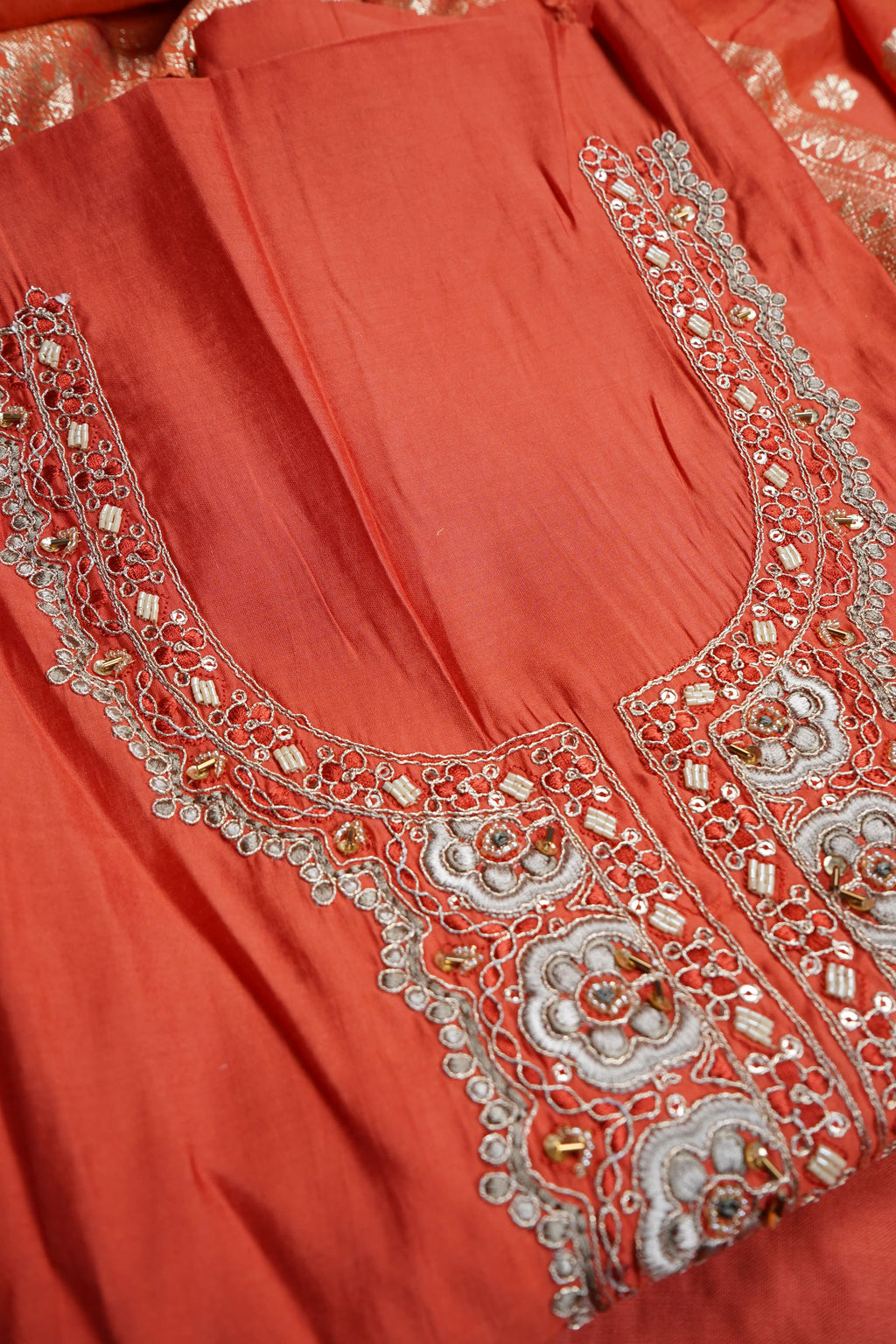 rust silk threadwork unstitched salwar suit
