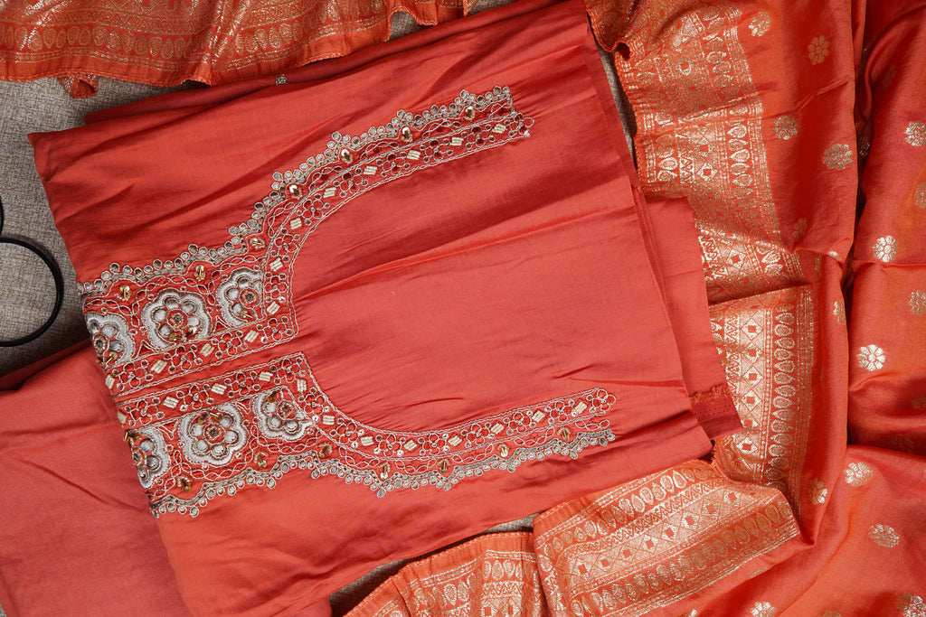 rust silk threadwork unstitched salwar suit