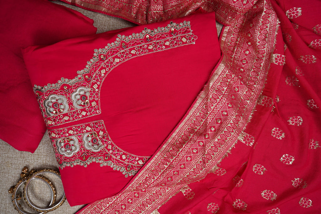 magenta silk threadwork unstitched salwar suit