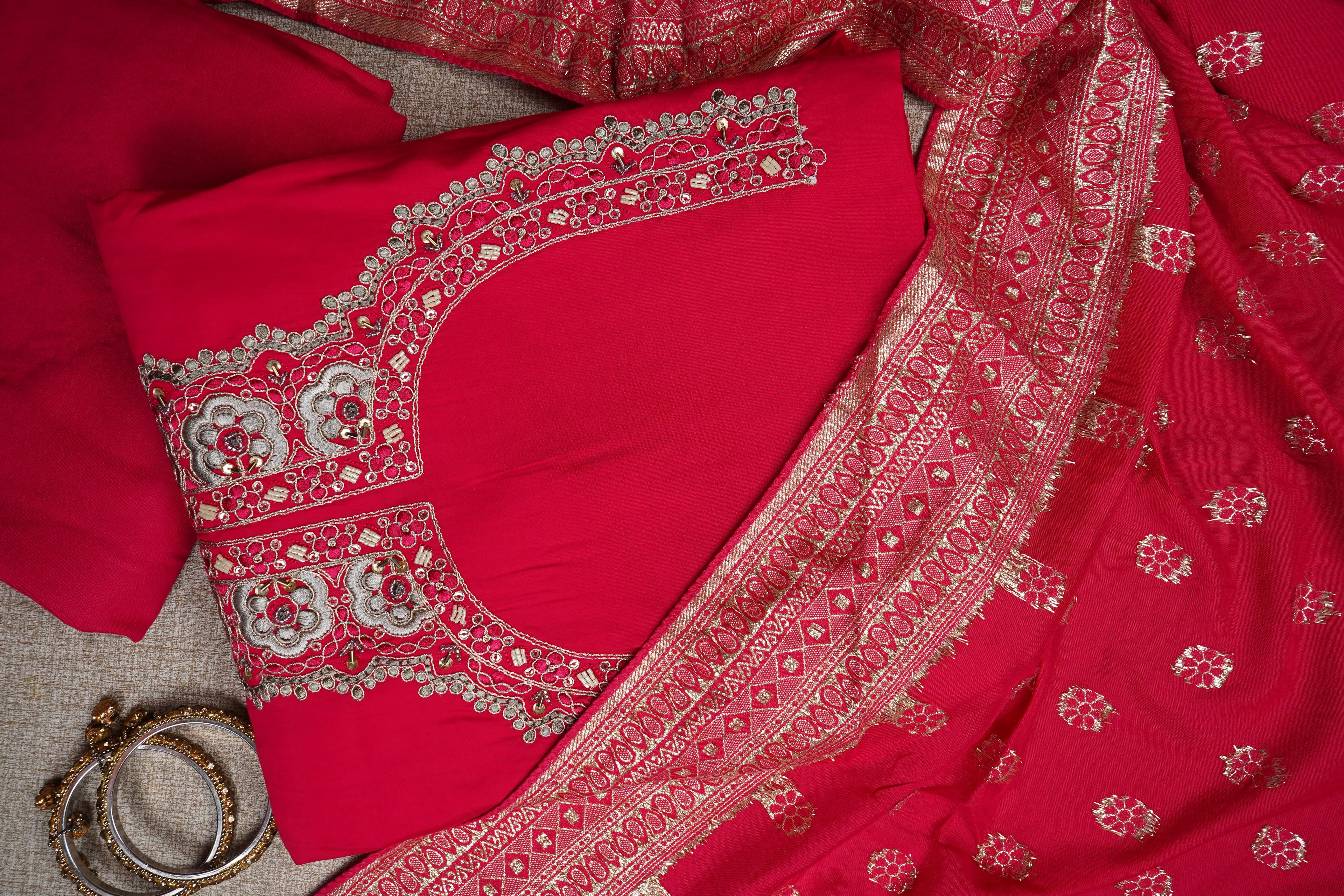 magenta silk threadwork unstitched salwar suit