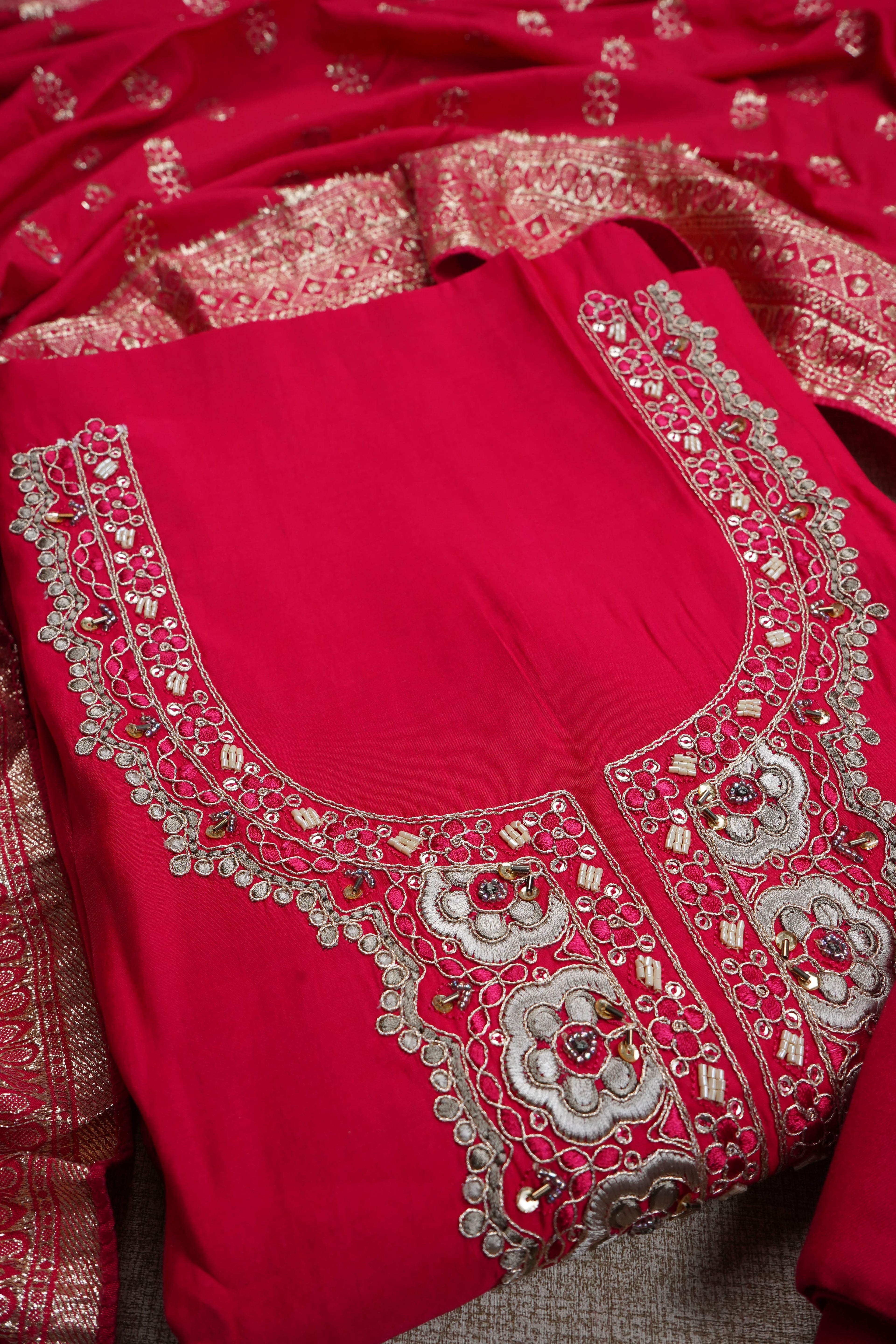 magenta silk threadwork unstitched salwar suit