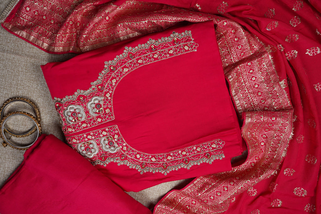 magenta silk threadwork unstitched salwar suit