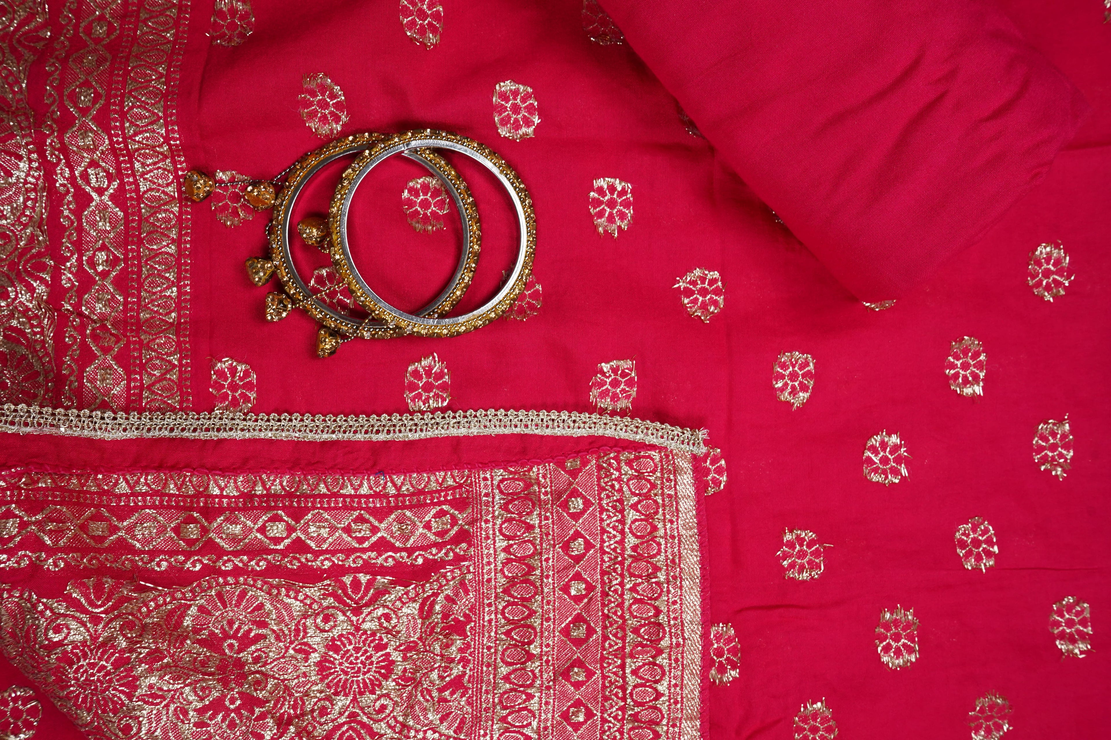 magenta silk threadwork unstitched salwar suit