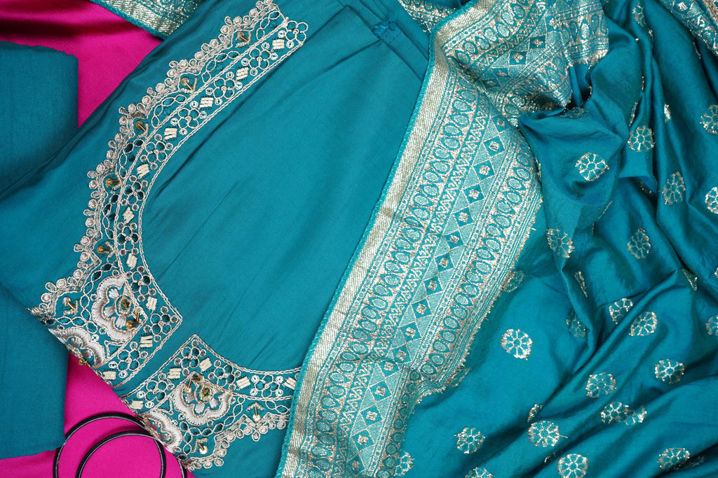 blue silk threadwork unstitched salwar suit