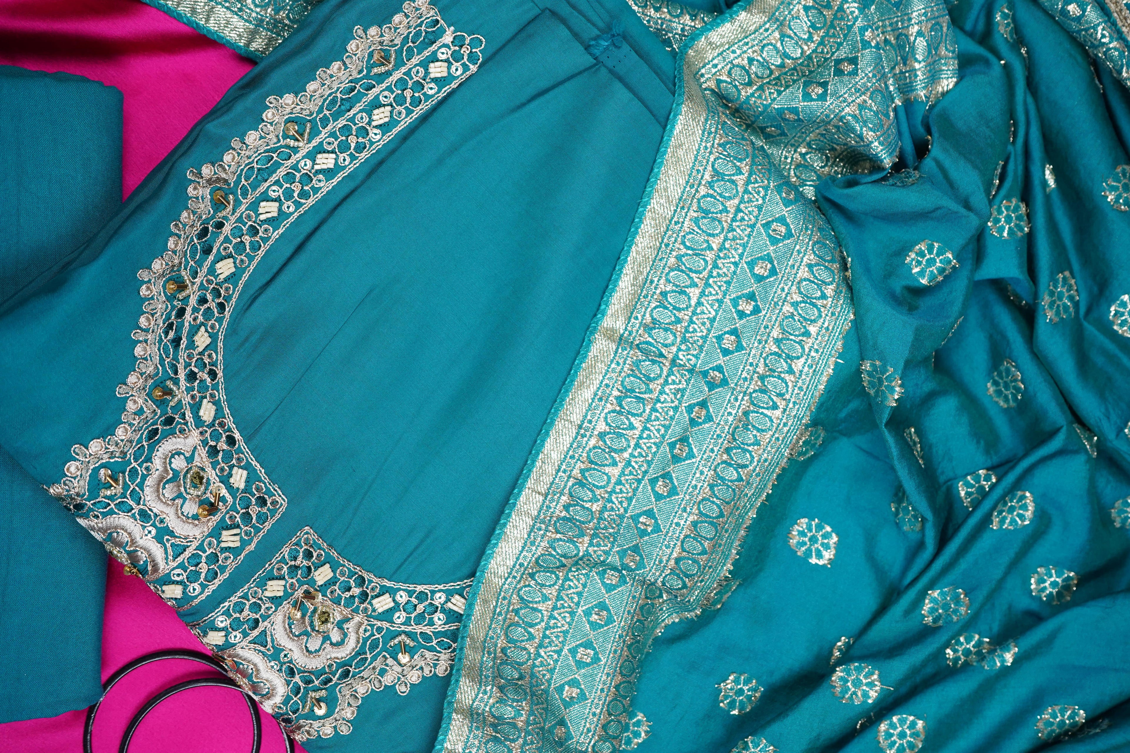 blue silk threadwork unstitched salwar suit